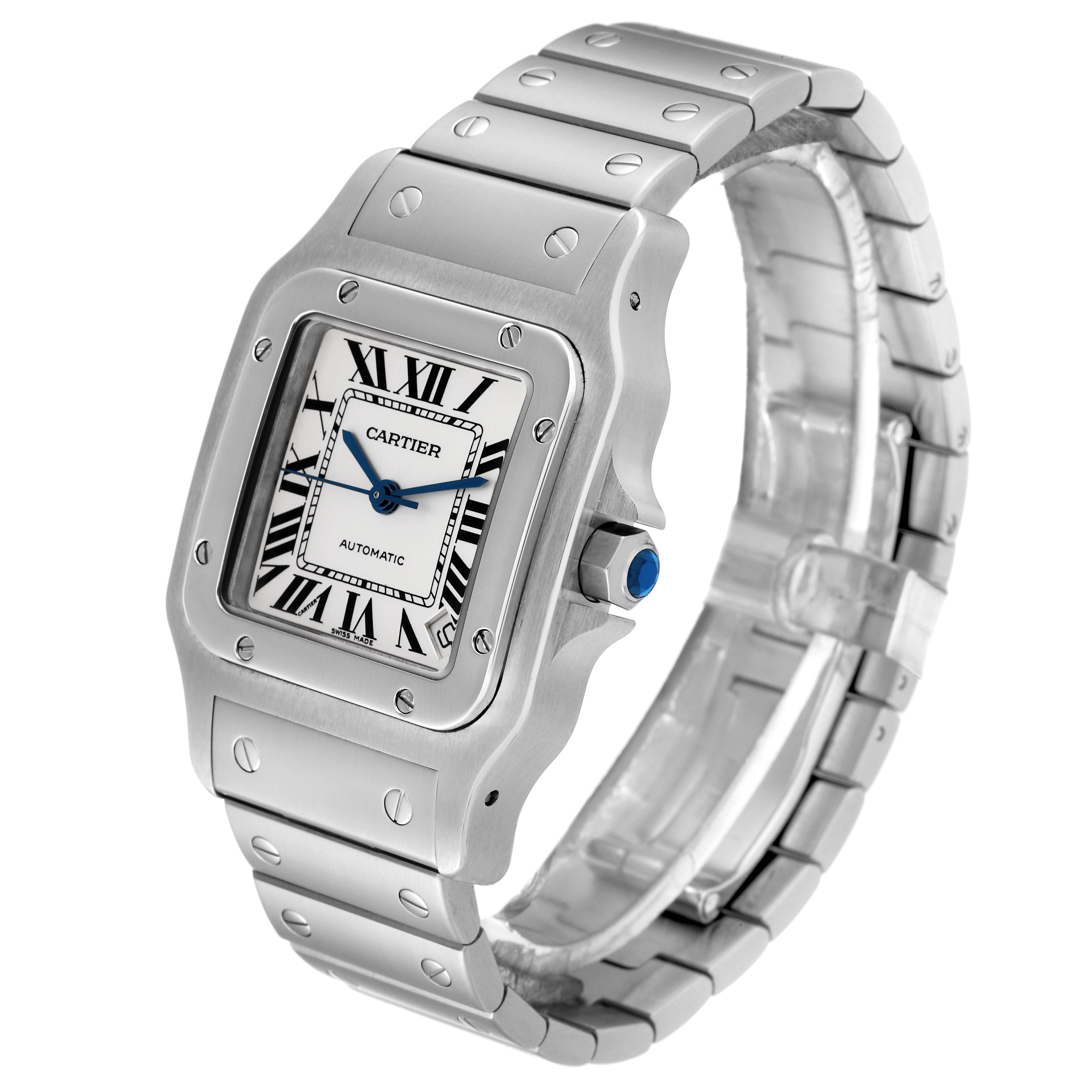 This image shows a Cartier Santos W20098D6 Men
s Stainless Steel Silver Dial W20098D6 Men
s Stainless Steel Silver Dial watch at a three-quarter angle, highlighting its face, bezel, and metal bracelet.