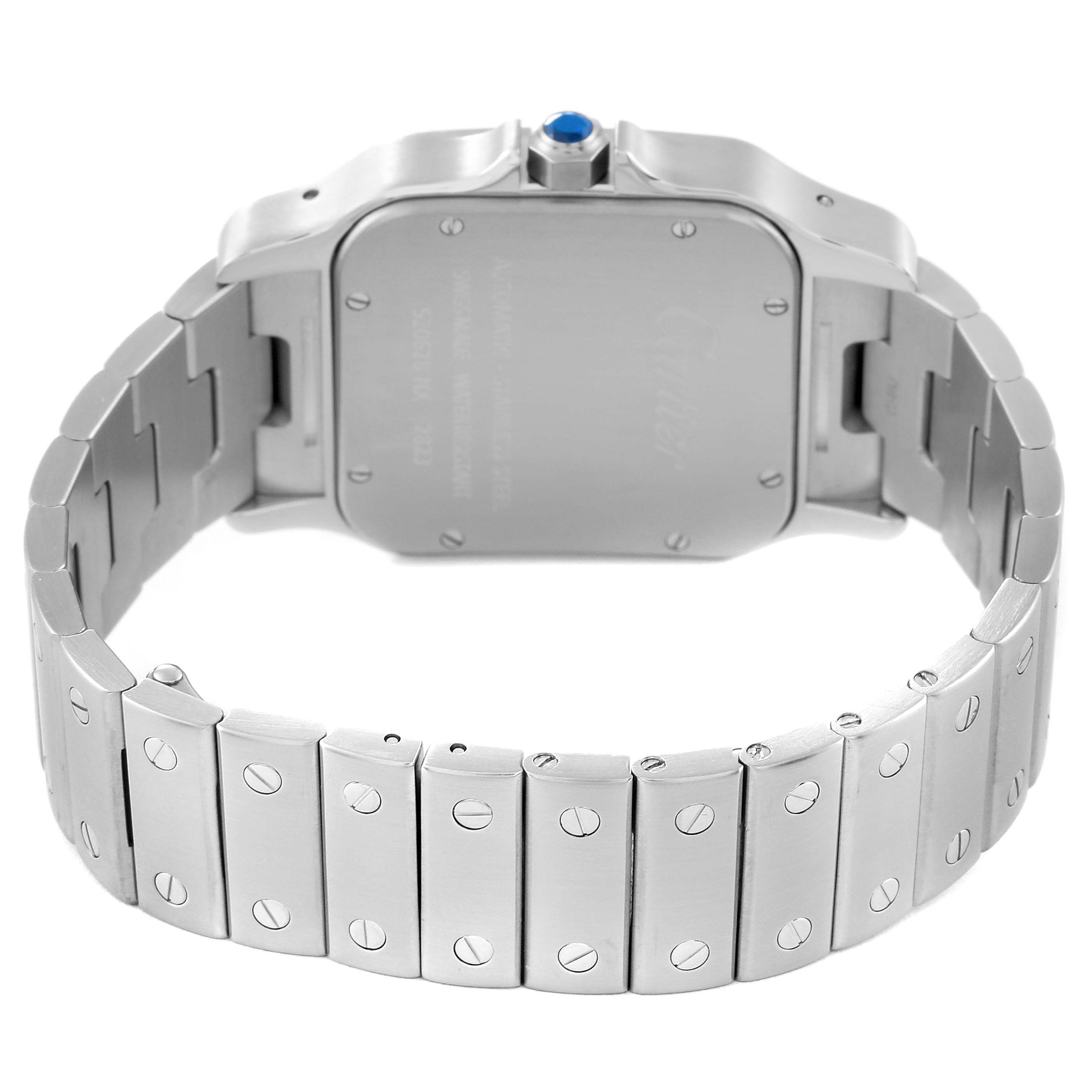 The image shows the back view of a Santos model watch by Cartier, highlighting its bracelet and case back.