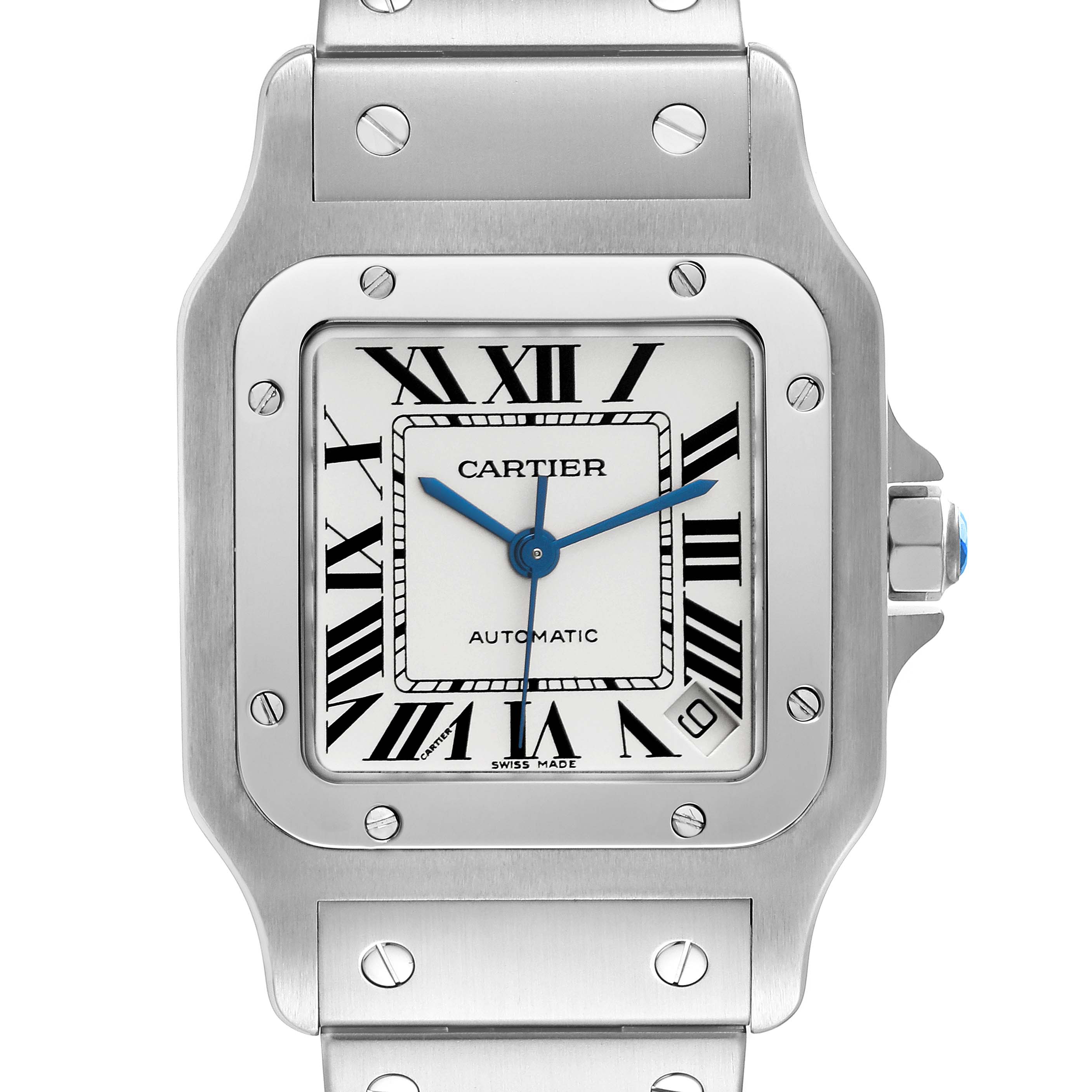 The image shows a front view of the Cartier Santos W20098D6 Men
s Stainless Steel Silver Dial W20098D6 Men
s Stainless Steel Silver Dial watch, highlighting its square face, Roman numerals, and bracelet.
