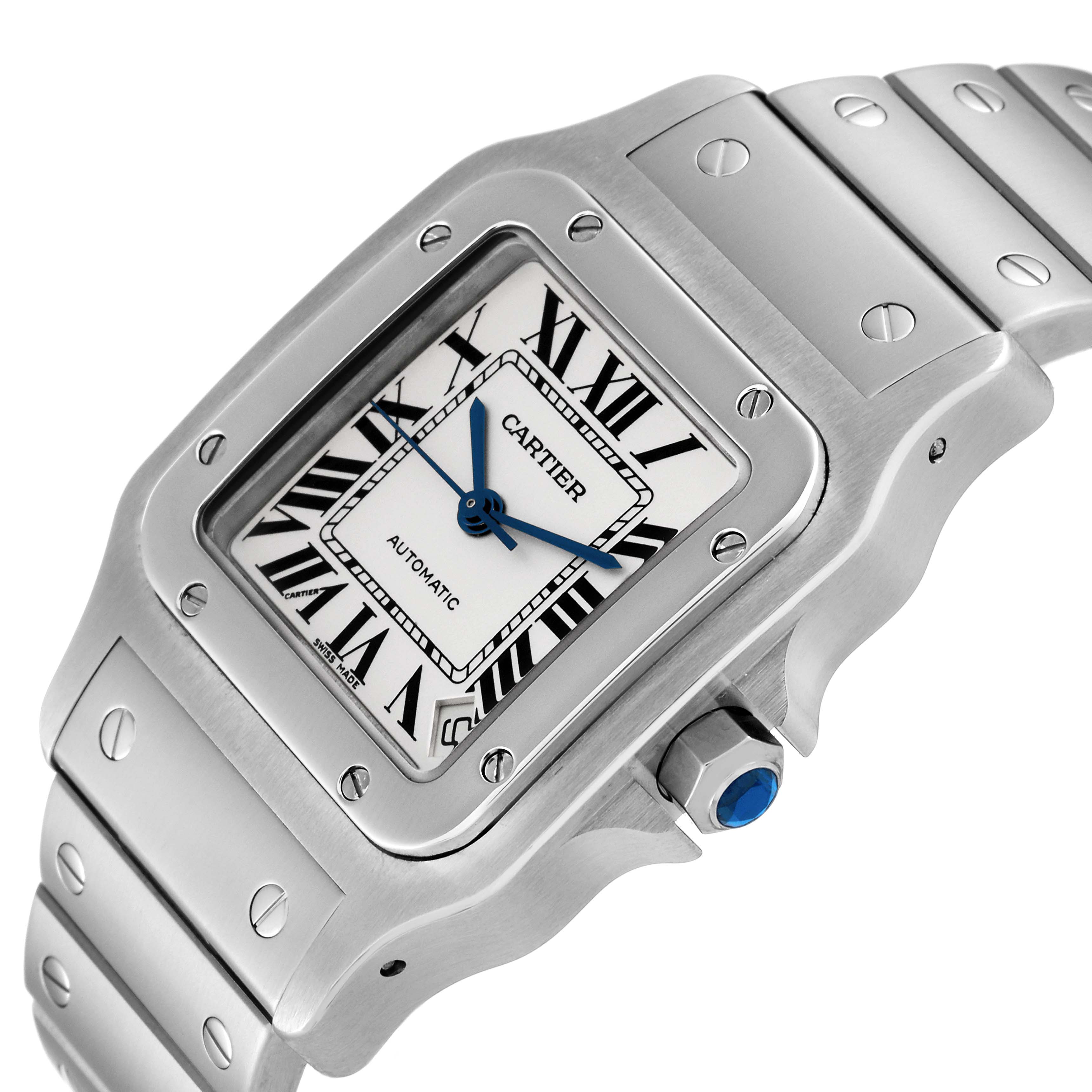 This image shows a close-up angle of the Cartier Santos W20098D6 Men
s Stainless Steel Silver Dial W20098D6 Men
s Stainless Steel Silver Dial watch, highlighting the face, bezel, crown, and part of the bracelet.