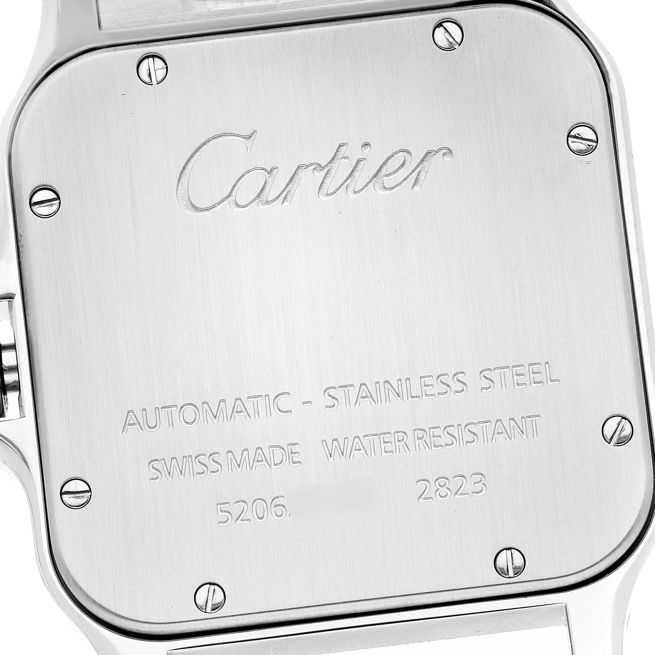 The image shows the case back of a Cartier Santos W20098D6 Men
s Stainless Steel Silver Dial W20098D6 Men
s Stainless Steel Silver Dial watch, highlighting the brand name and specifications.