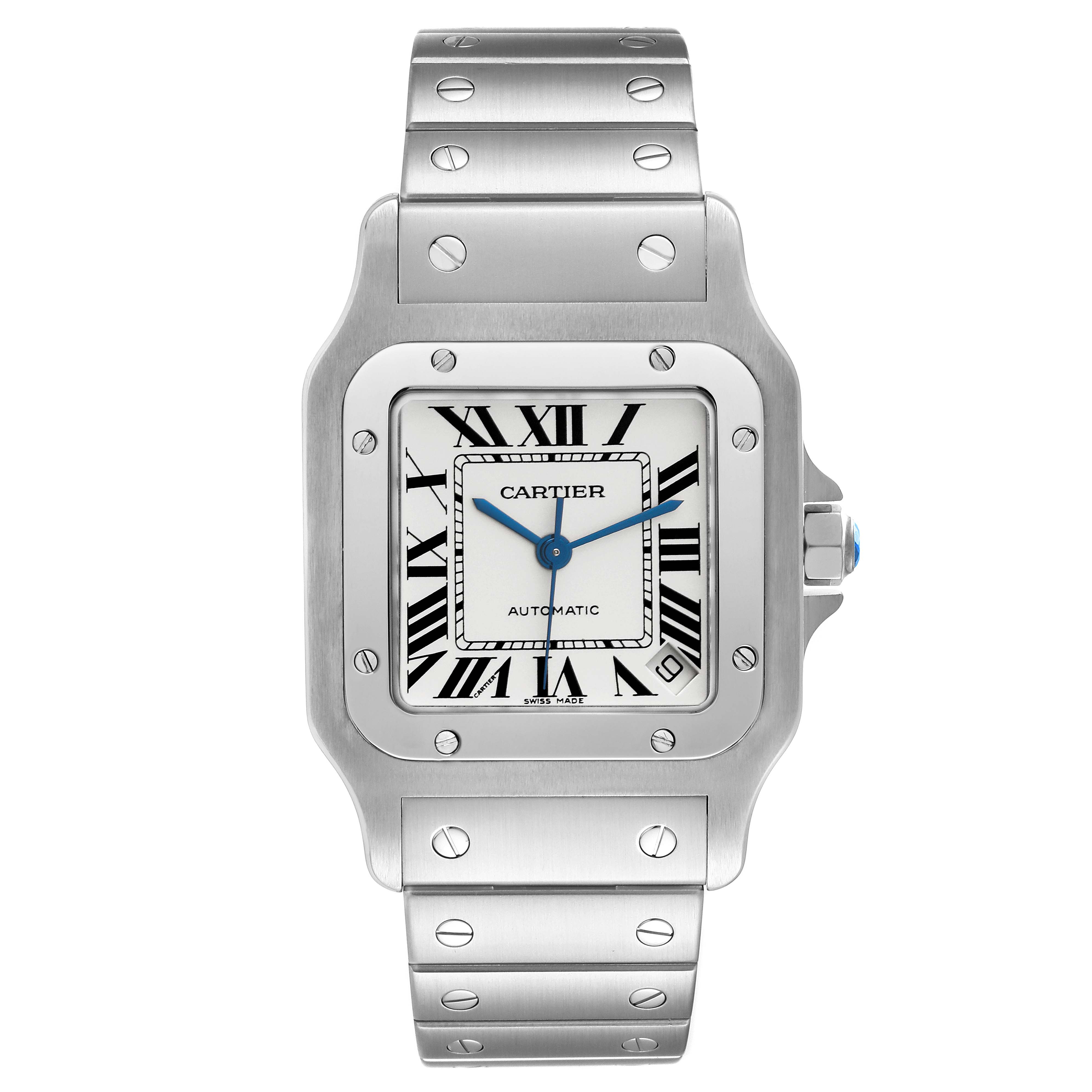 This image shows a Cartier Santos W20098D6 Men
s Stainless Steel Silver Dial W20098D6 Men
s Stainless Steel Silver Dial watch viewed from the front, displaying the face, bezel, and part of the bracelet.