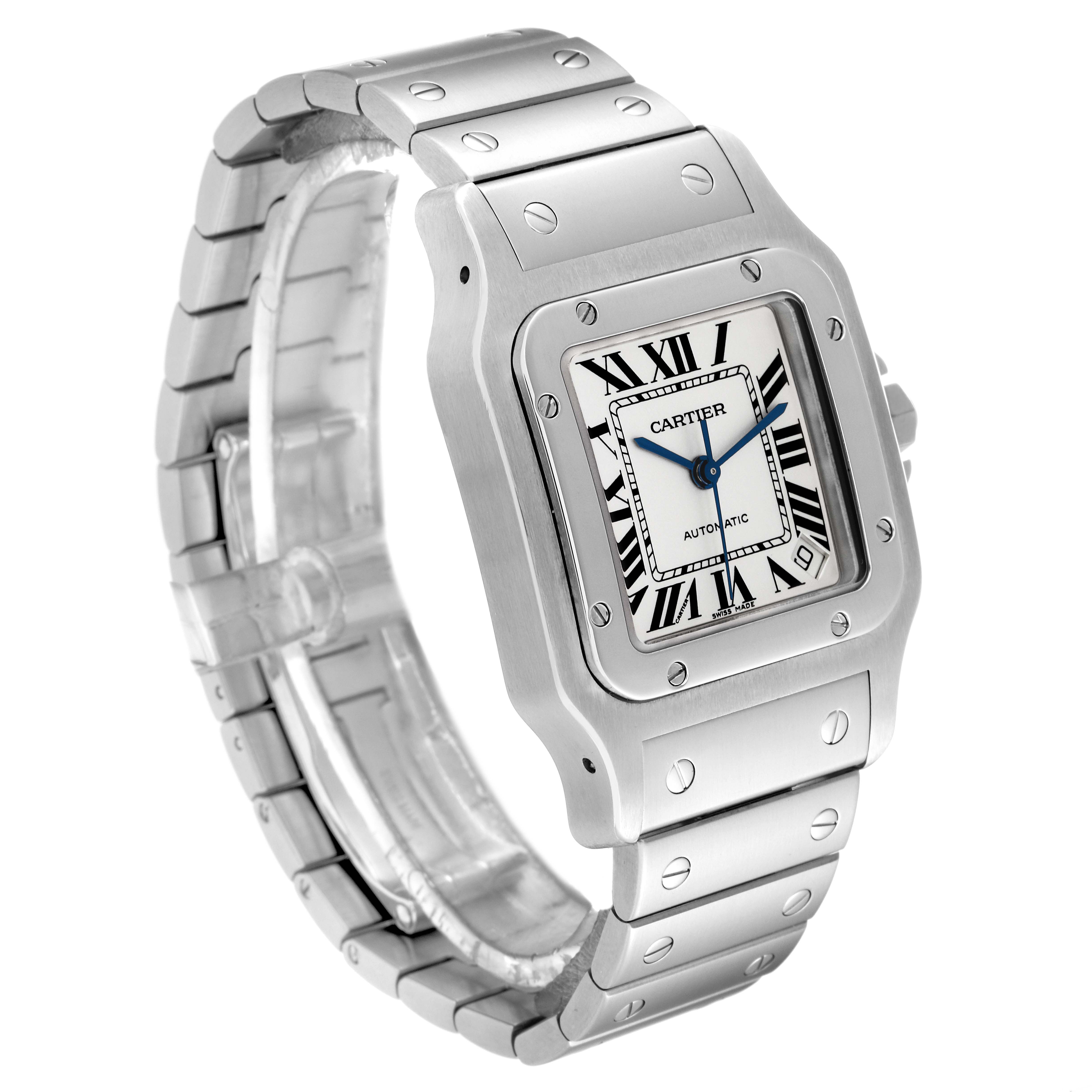 This image shows a close-up of a Cartier Santos W20098D6 Men
s Stainless Steel Silver Dial W20098D6 Men
s Stainless Steel Silver Dial watch viewed from a slight angle, highlighting its face, bezel, crown, and bracelet.