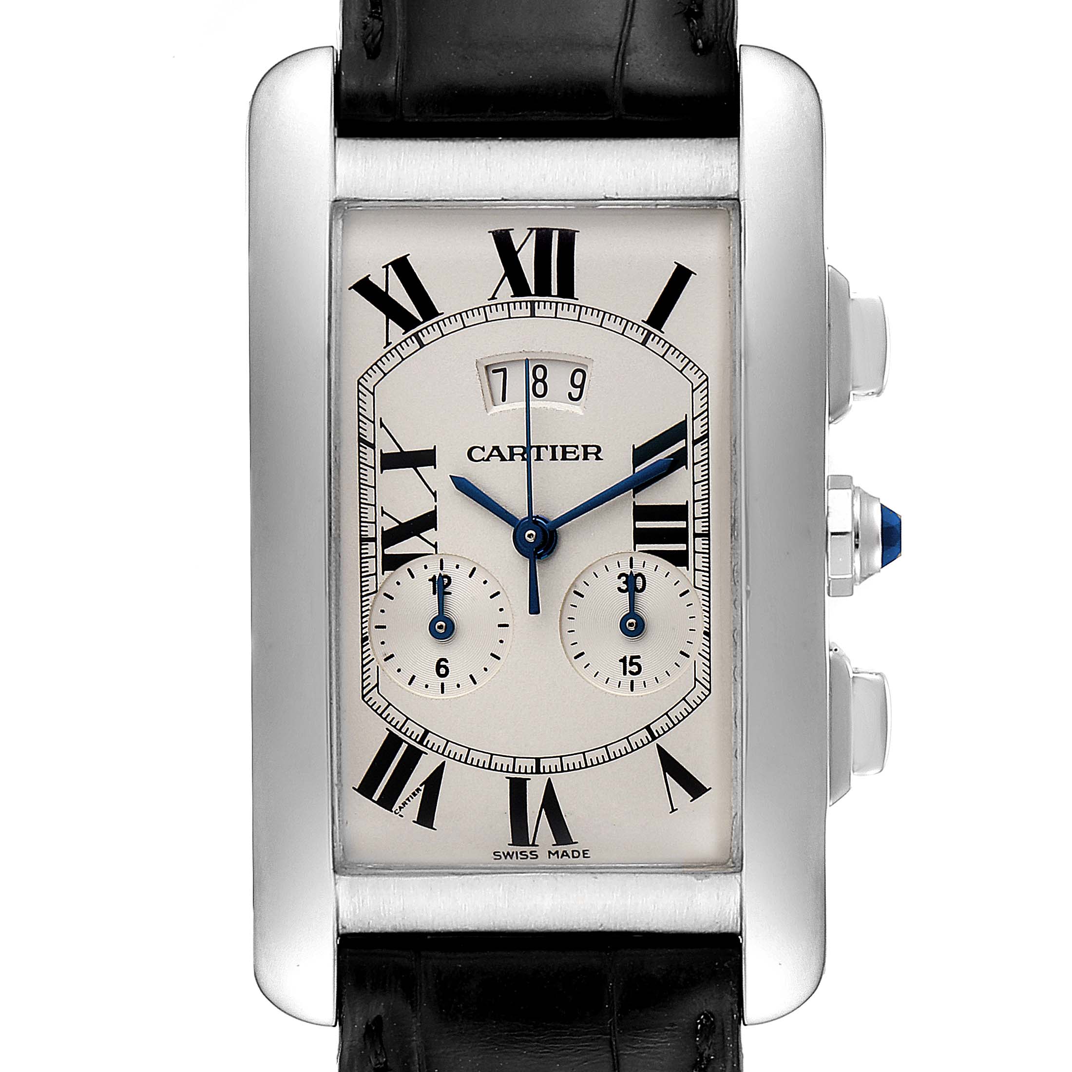 This image shows a front view of the Cartier Tank Americaine 2569 Men
s White Gold Silver Dial 2569 Men
s White Gold Silver Dial model, displaying its rectangular face, Roman numerals, subdials, and black strap.