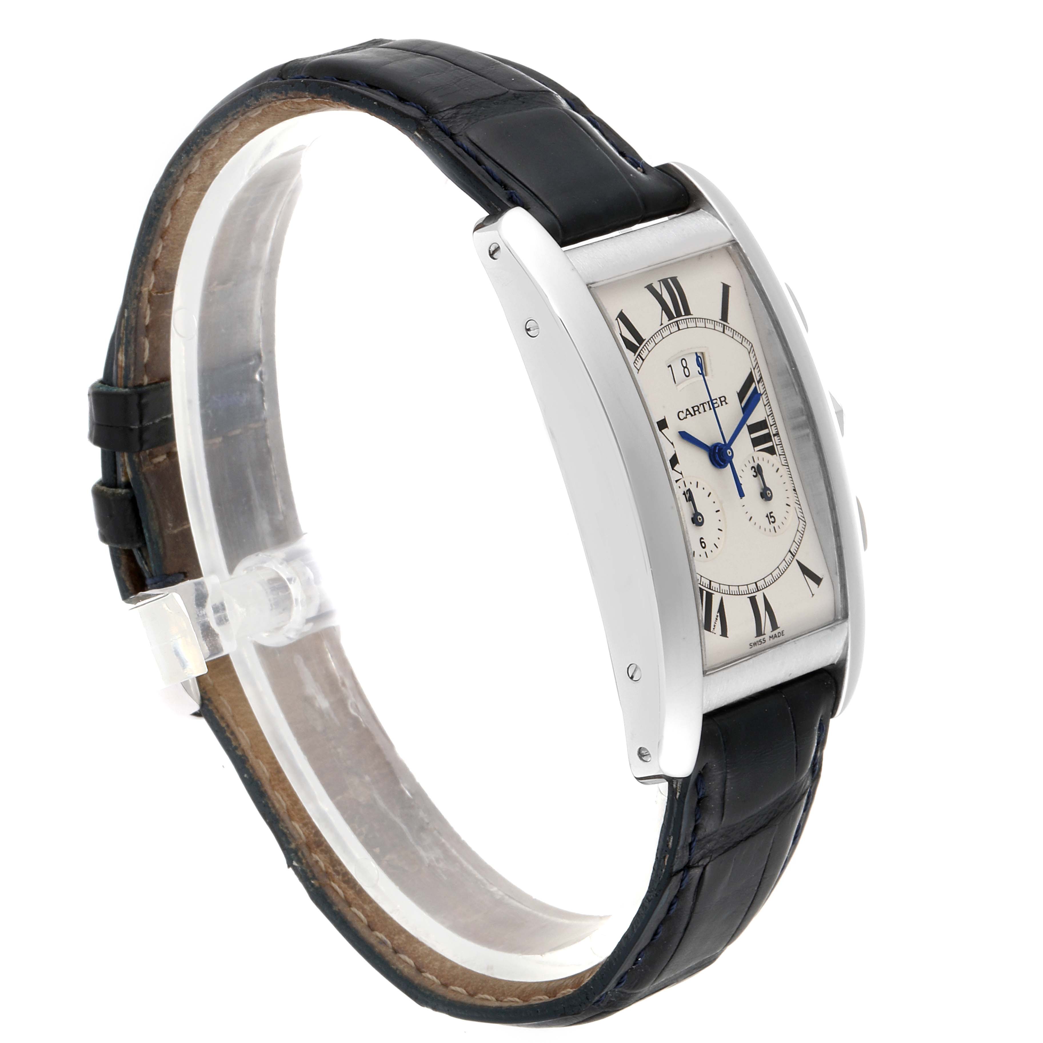 This image shows a Cartier Tank Americaine 2569 Men
s White Gold Silver Dial 2569 Men
s White Gold Silver Dial watch at an angled side view with its dial, case, and leather strap visible.