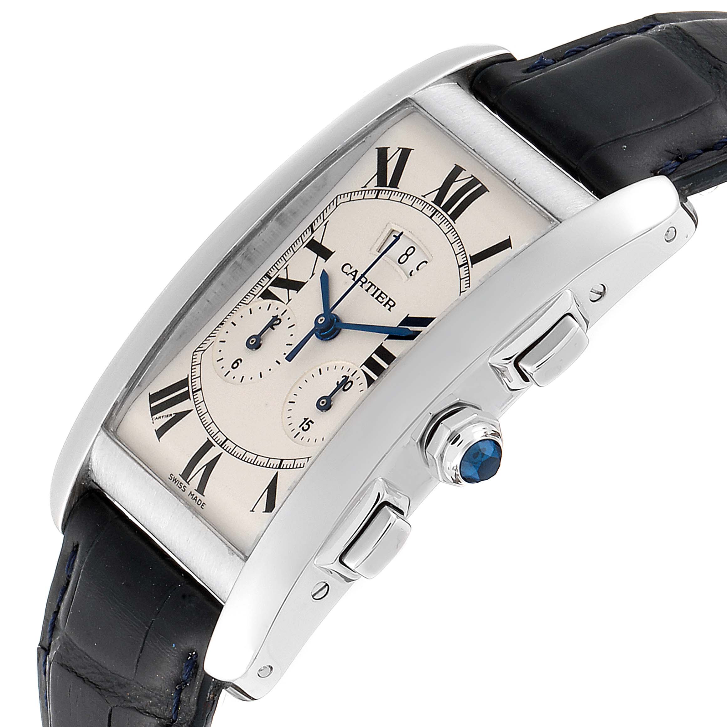 The Cartier Tank Americaine 2569 Men
s White Gold Silver Dial 2569 Men
s White Gold Silver Dial watch is shown from a side angle, highlighting its strap, crown, and part of the face.