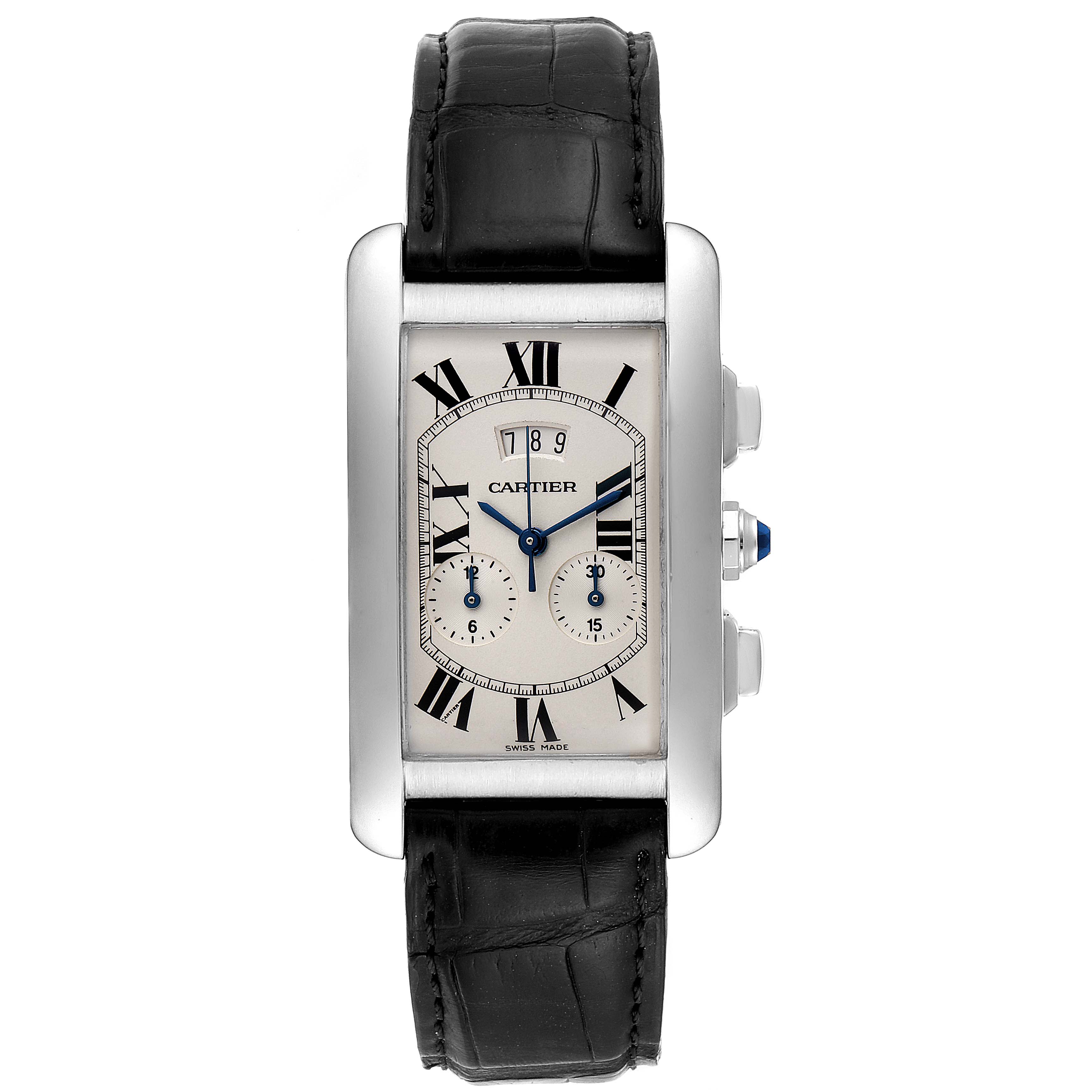 This image shows a frontal view of the Cartier Tank Americaine 2569 Men
s White Gold Silver Dial 2569 Men
s White Gold Silver Dial watch, highlighting its rectangular dial and black leather strap.