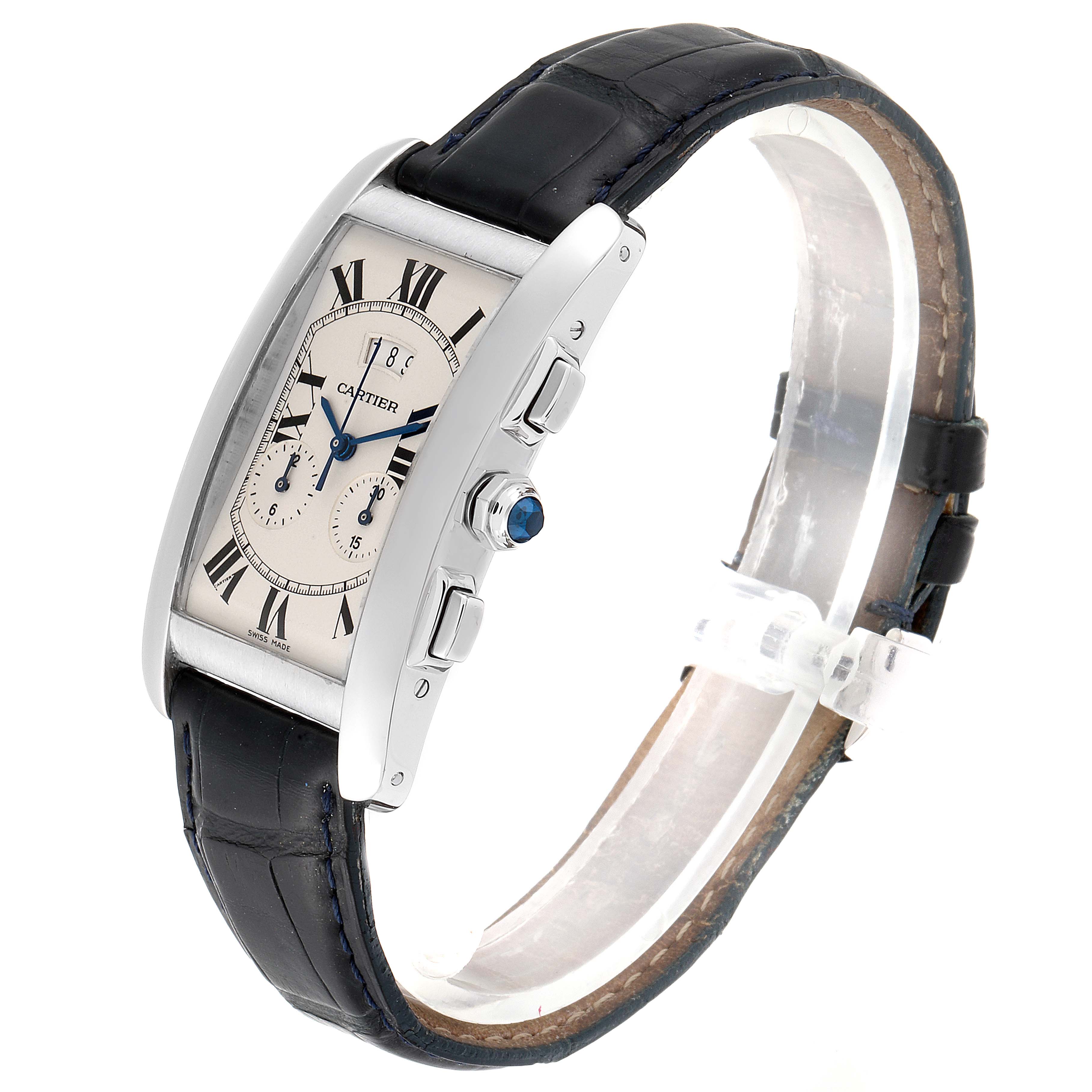 The Cartier Tank Americaine 2569 Men
s White Gold Silver Dial 2569 Men
s White Gold Silver Dial watch is shown at a side angle, highlighting the face, crown, and strap.