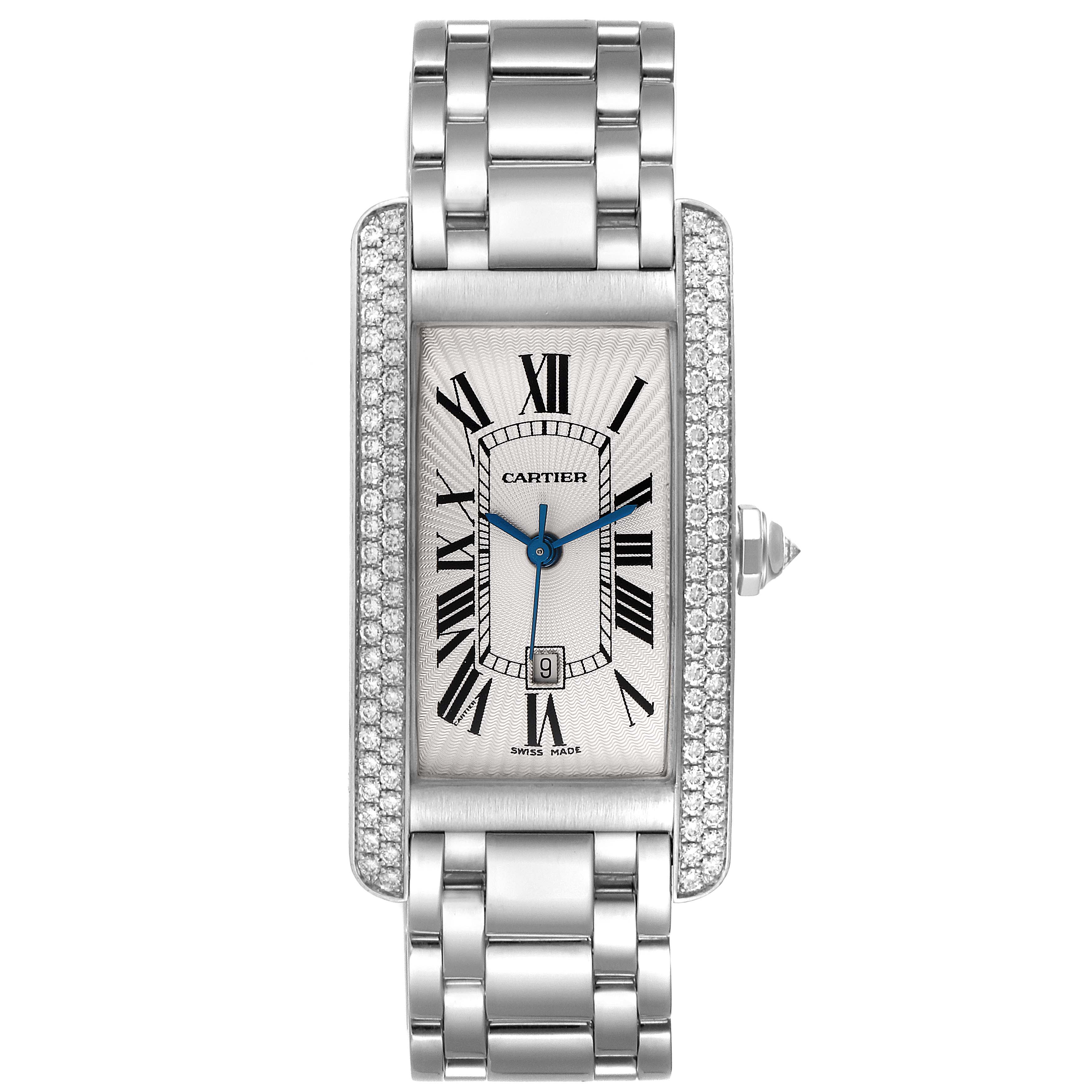 The image shows a frontal view of the Cartier Tank Americaine WB7026L1 Men's White Gold Silver Dial WB7026L1 Men's White Gold Silver Dial watch, highlighting its rectangular face, bracelet, and diamond-set bezel.