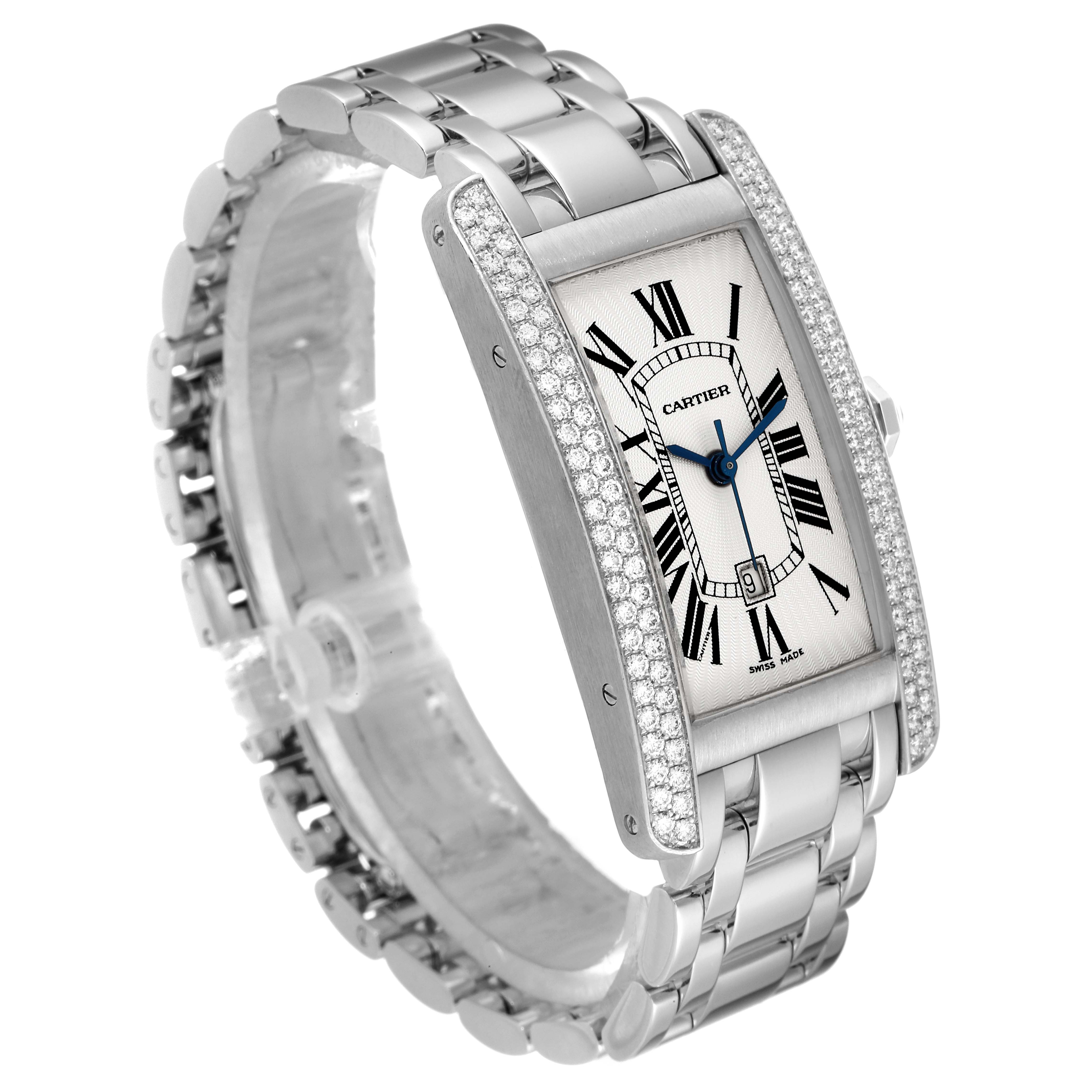 The image shows a Cartier Tank Américaine watch at an angle, displaying the face, diamond-set bezel, and metal bracelet.