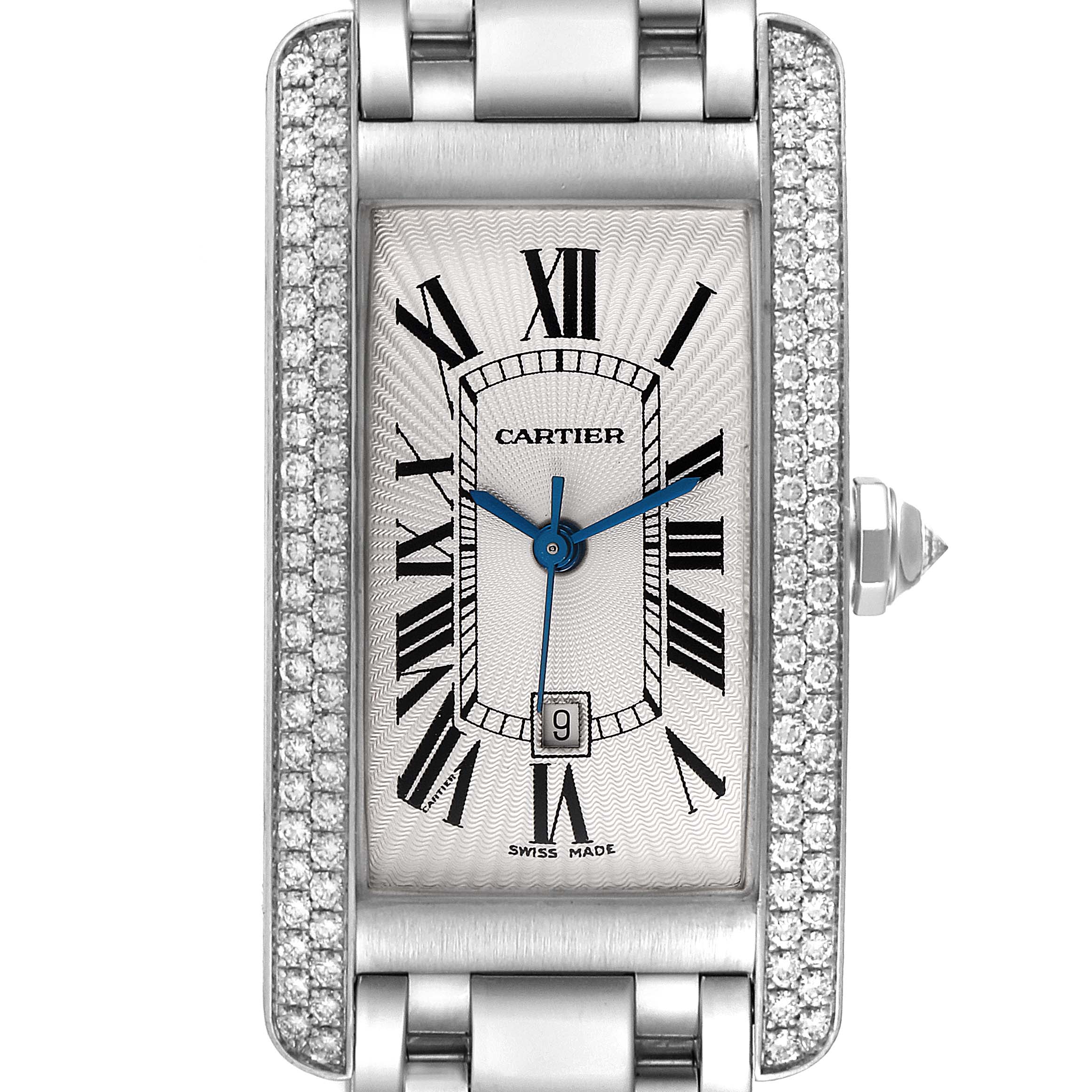 This image shows a front view of the Cartier Tank Americaine WB7026L1 Men's White Gold Silver Dial WB7026L1 Men's White Gold Silver Dial watch, focusing on its face, bezel, and part of its bracelet.