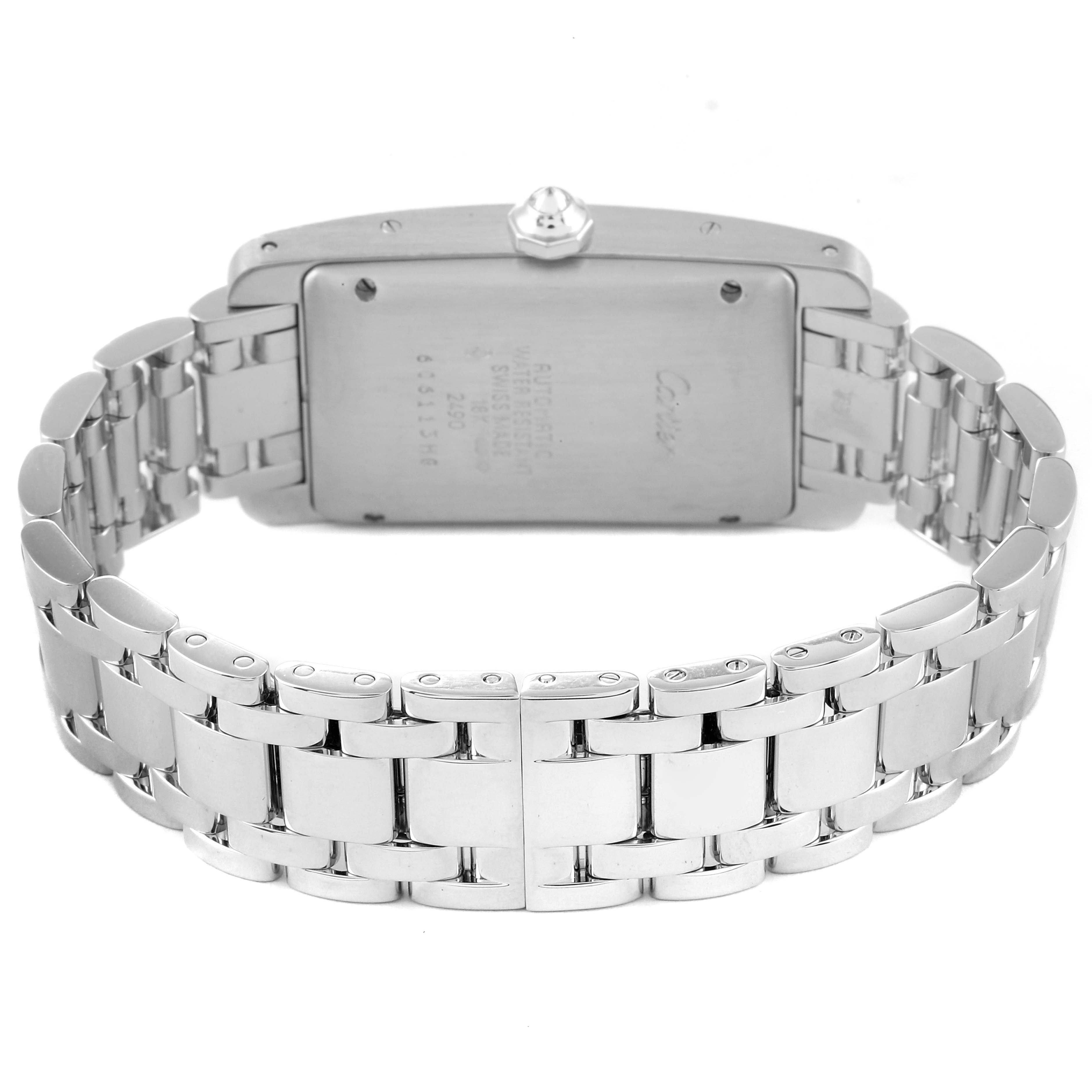 The image shows the back case and bracelet of the Cartier Tank Americaine WB7026L1 Men's White Gold Silver Dial WB7026L1 Men's White Gold Silver Dial watch from a rear angled view.