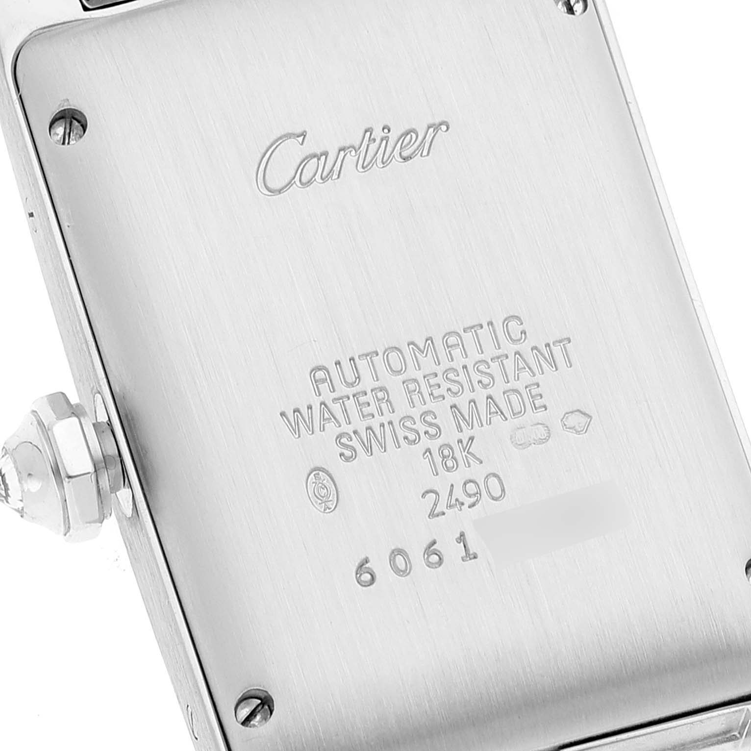 The image shows the back (caseback) of the Cartier Tank Americaine WB7026L1 Men's White Gold Silver Dial WB7026L1 Men's White Gold Silver Dial watch, detailing its specifications.