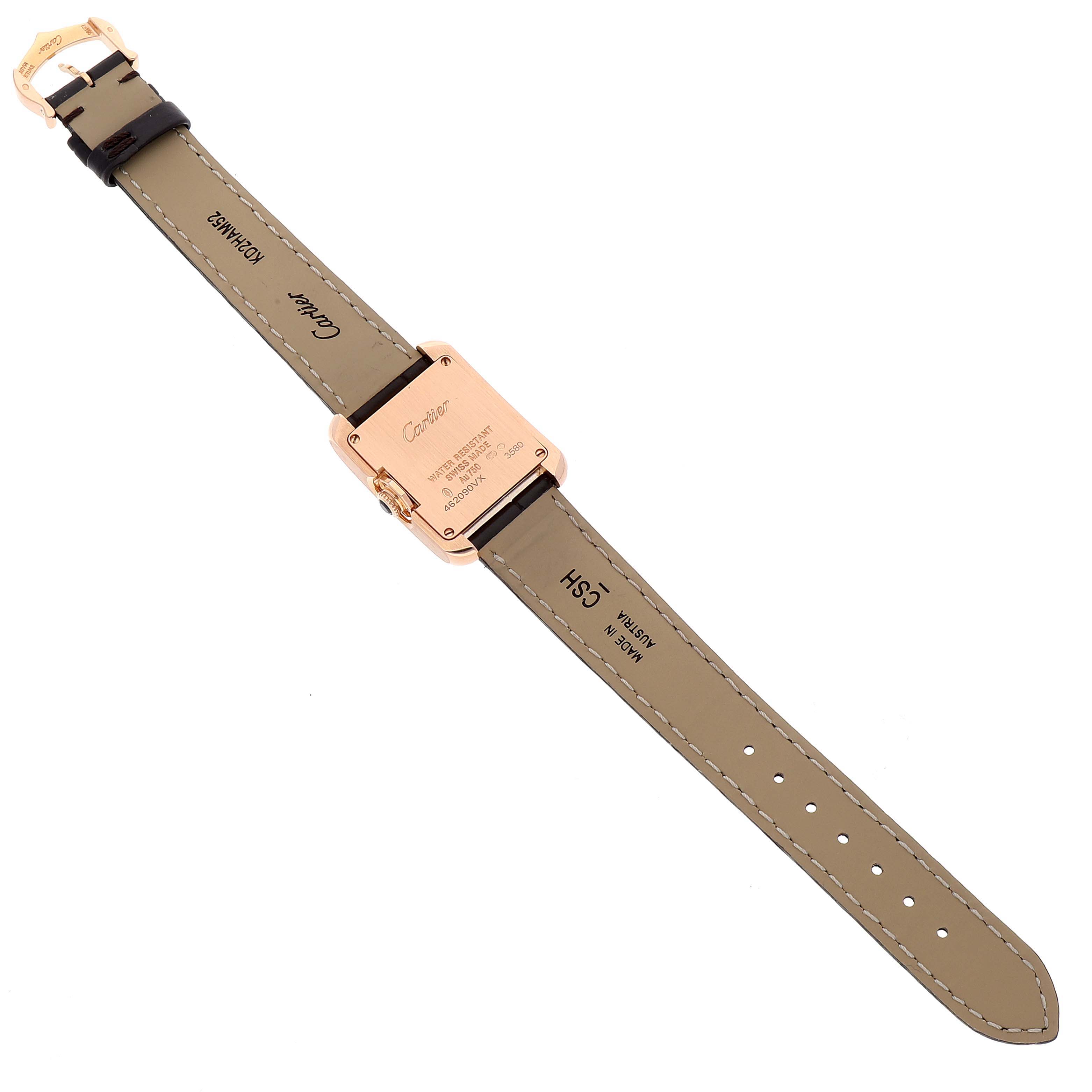 This image shows the back of the Tank Anglaise by Cartier, including the case back, strap, and buckle.