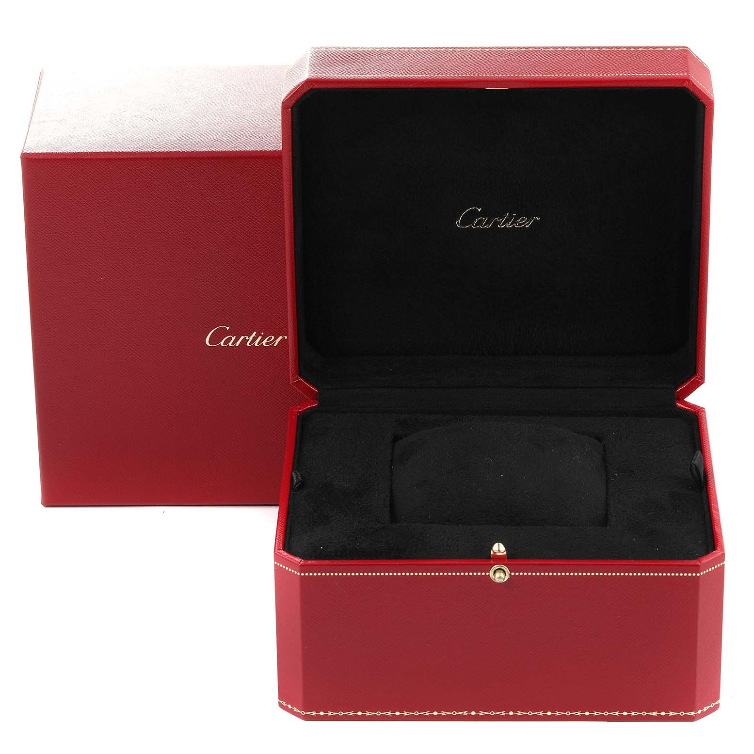The image shows a red Cartier box, opened to display the interior used for a Tank Anglaise model watch.