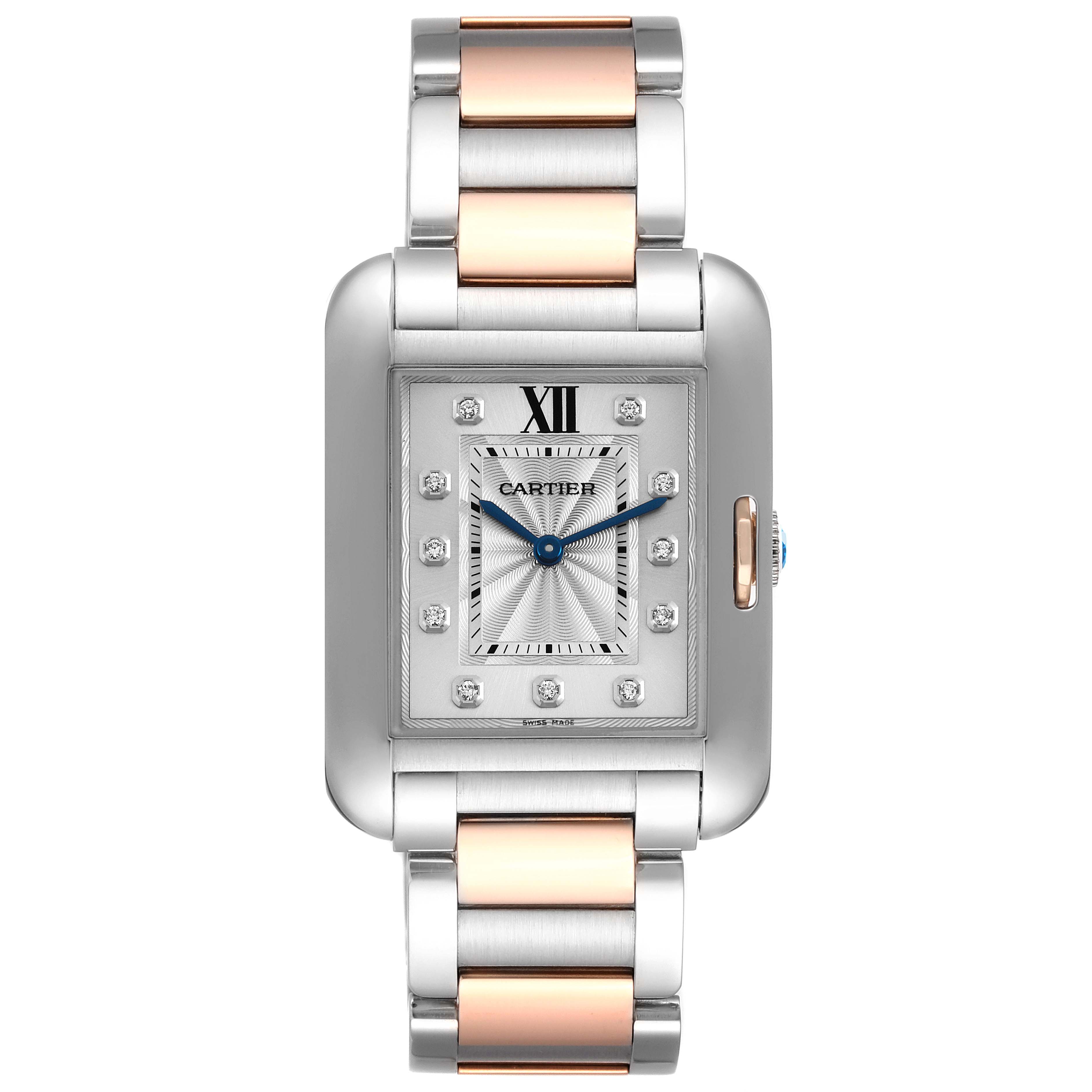 The Cartier Tank Anglaise WT100032 Women
s Steel and Gold (two tone) Silver Dial WT100032 Women
s Steel and Gold (two tone) Silver Dial watch is shown from a front angle, highlighting its face, dial, and two-tone metal bracelet.
