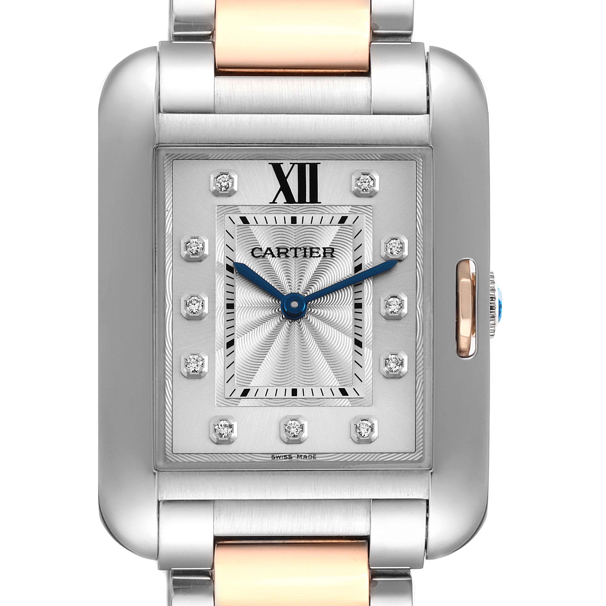 The image shows a front view of the Cartier Tank Anglaise WT100032 Women
s Steel and Gold (two tone) Silver Dial WT100032 Women
s Steel and Gold (two tone) Silver Dial watch, highlighting its rectangular face, blue hands, and metal bracelet.