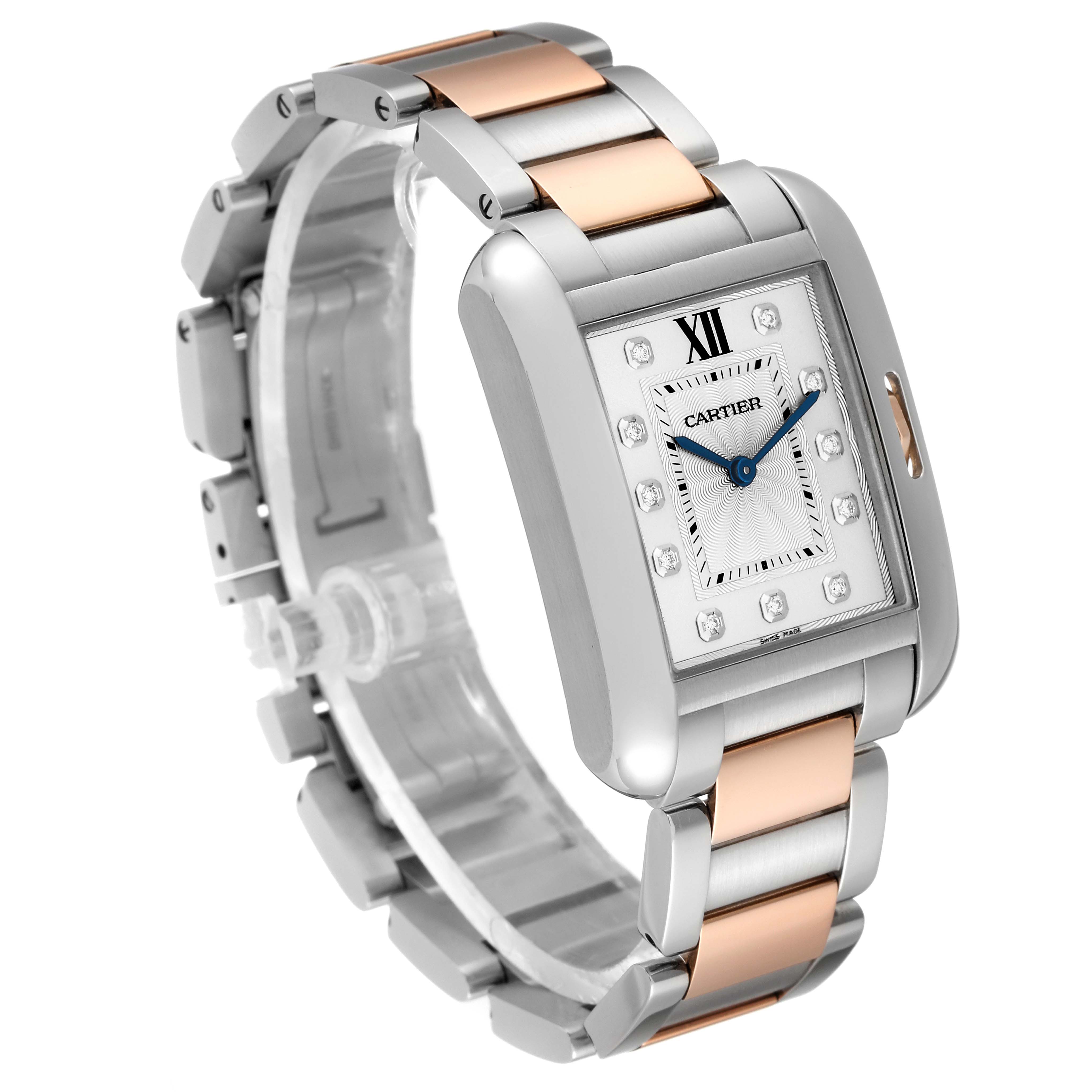 The image shows a Cartier Tank Anglaise WT100032 Women
s Steel and Gold (two tone) Silver Dial WT100032 Women
s Steel and Gold (two tone) Silver Dial watch at a three-quarter angle, highlighting its face, case, and bracelet.