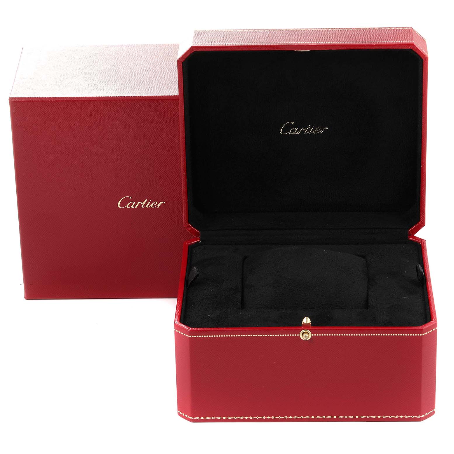 The image shows a red Cartier watch box for the Tank Anglaise model, open to reveal a black cushioned interior.