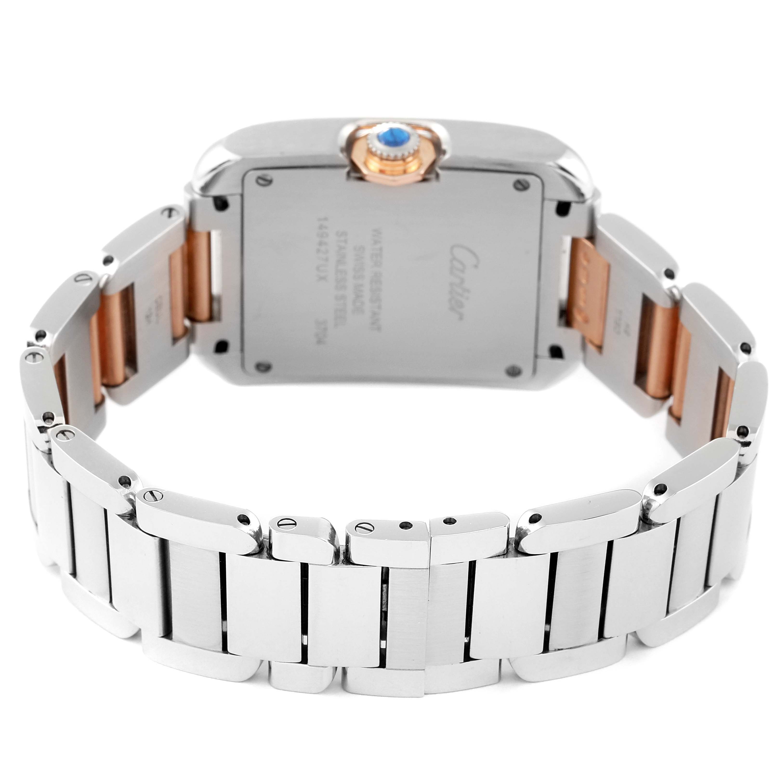 The image shows the back and bracelet of a Cartier Tank Anglaise WT100032 Women
s Steel and Gold (two tone) Silver Dial WT100032 Women
s Steel and Gold (two tone) Silver Dial watch, highlighting the clasp and case back.