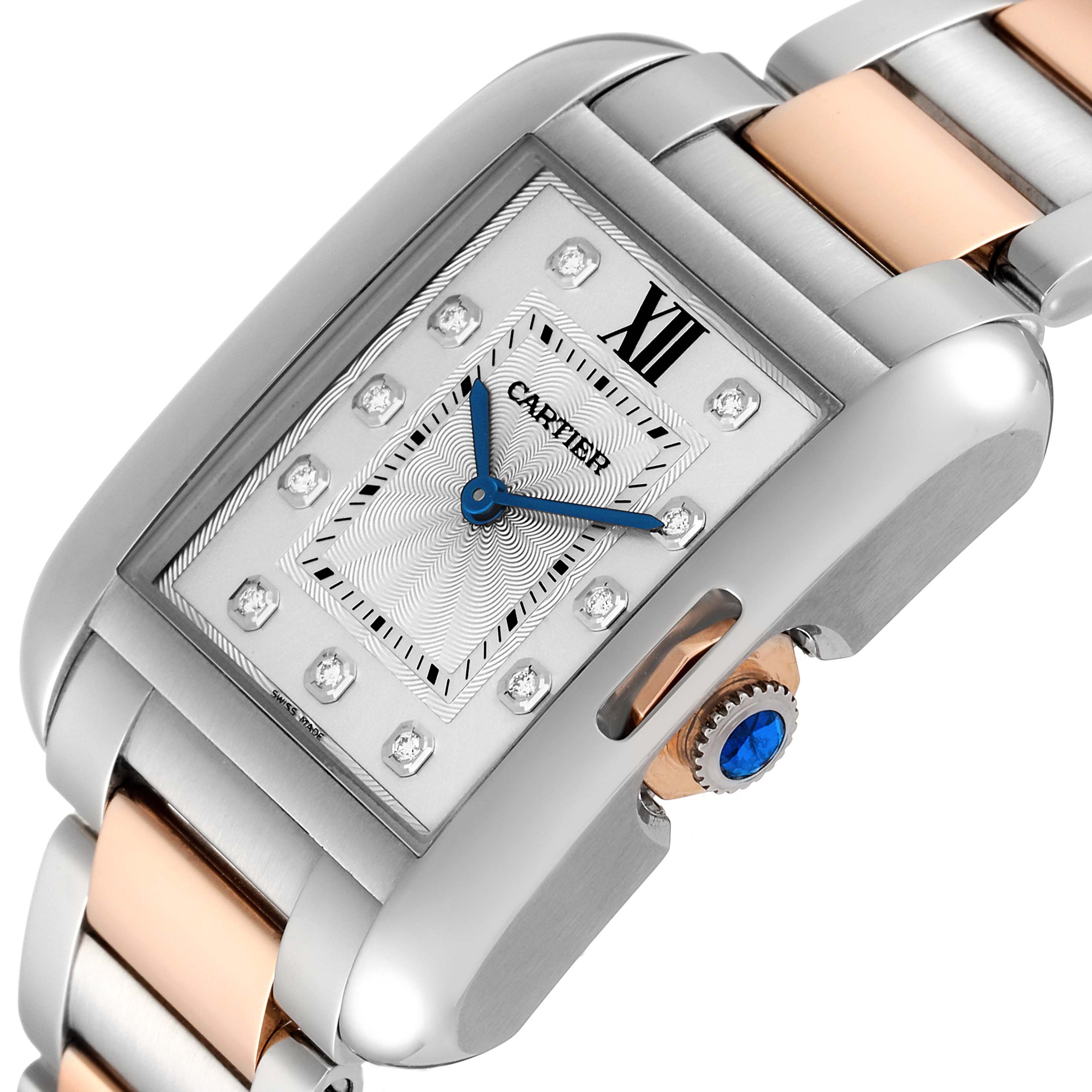 The Cartier Tank Anglaise WT100032 Women
s Steel and Gold (two tone) Silver Dial WT100032 Women
s Steel and Gold (two tone) Silver Dial watch is shown from an angle highlighting its face, crown, and bracelet.
