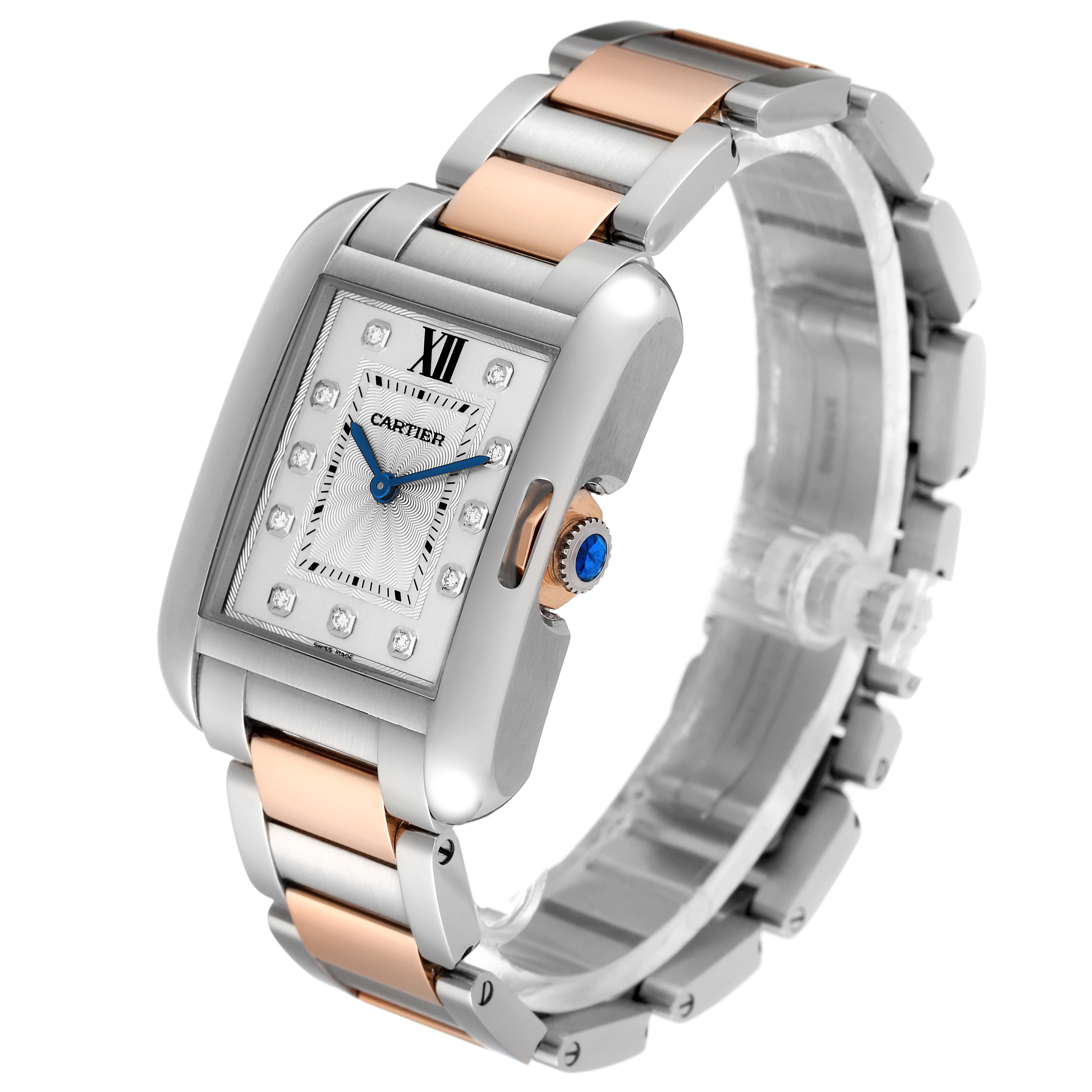 The Cartier Tank Anglaise WT100032 Women
s Steel and Gold (two tone) Silver Dial WT100032 Women
s Steel and Gold (two tone) Silver Dial watch is shown at a three-quarter angle, highlighting the dial, crown, and two-tone bracelet.