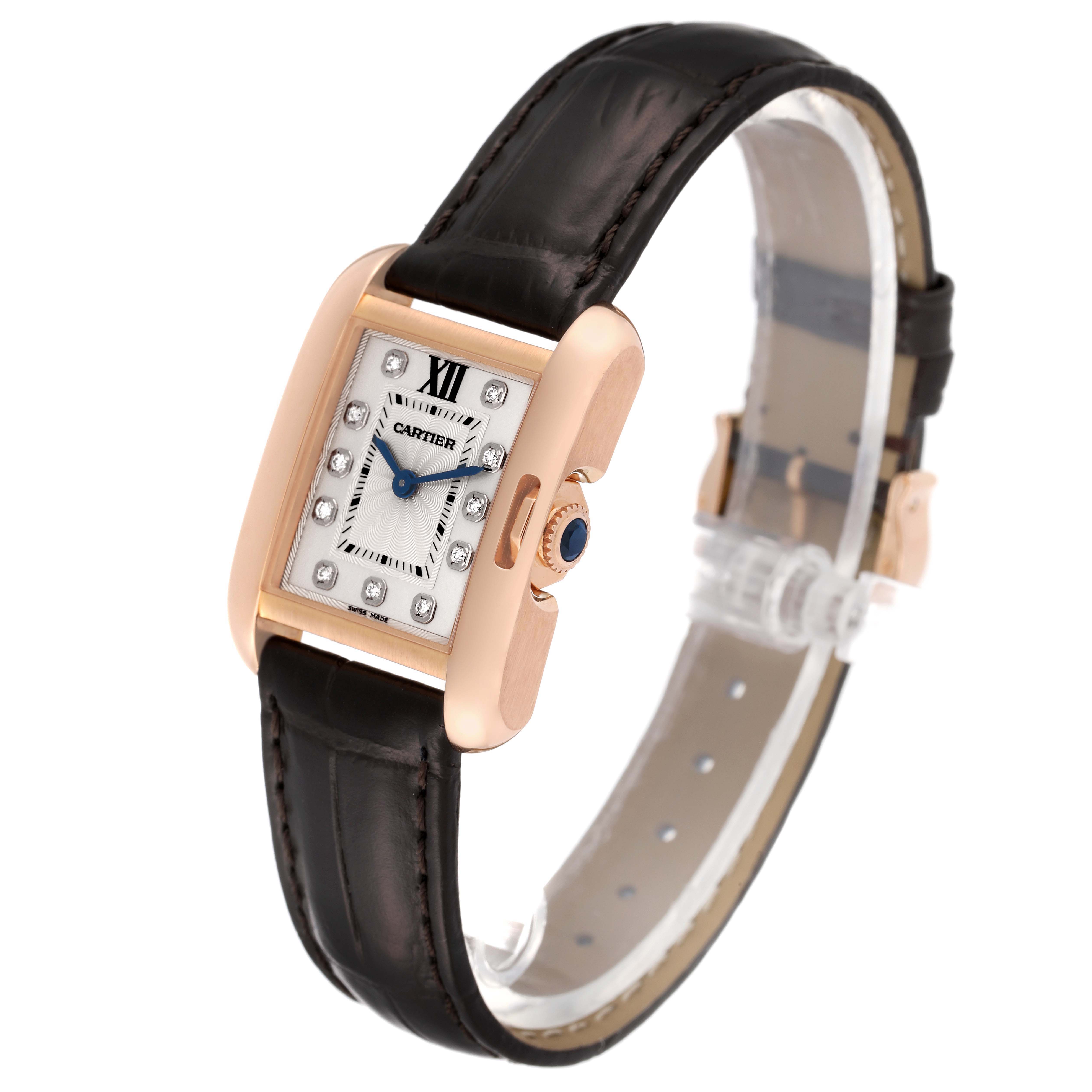 This image shows a Cartier Tank Anglaise WJTA0007 Women's Rose Gold Silver Dial WJTA0007 Women's Rose Gold Silver Dial watch from a three-quarter angle, highlighting its face, strap, and side profile.