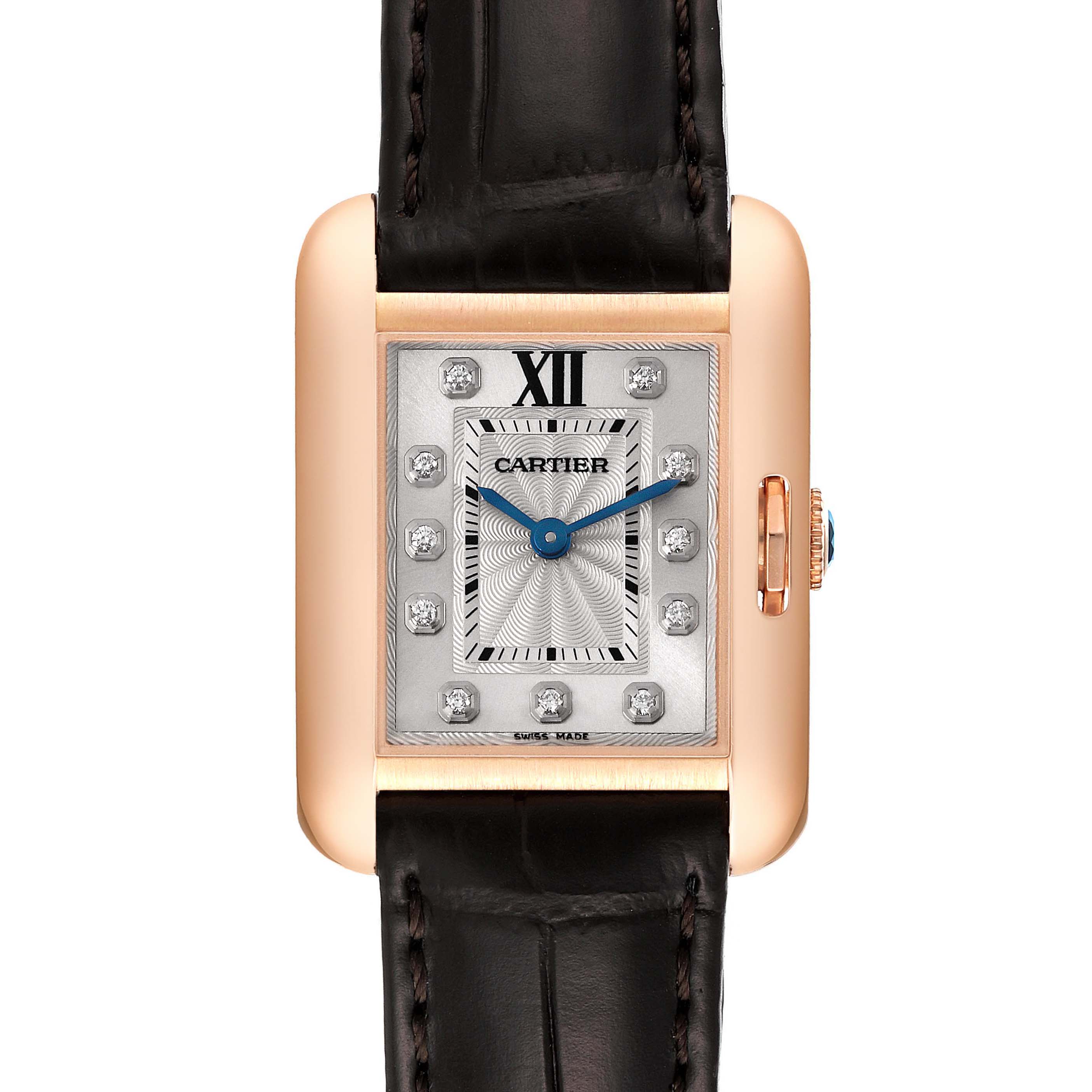 The Cartier Tank Anglaise WJTA0007 Women's Rose Gold Silver Dial WJTA0007 Women's Rose Gold Silver Dial watch shown from the front displays a rectangular face with diamond hour markers and a brown leather strap.