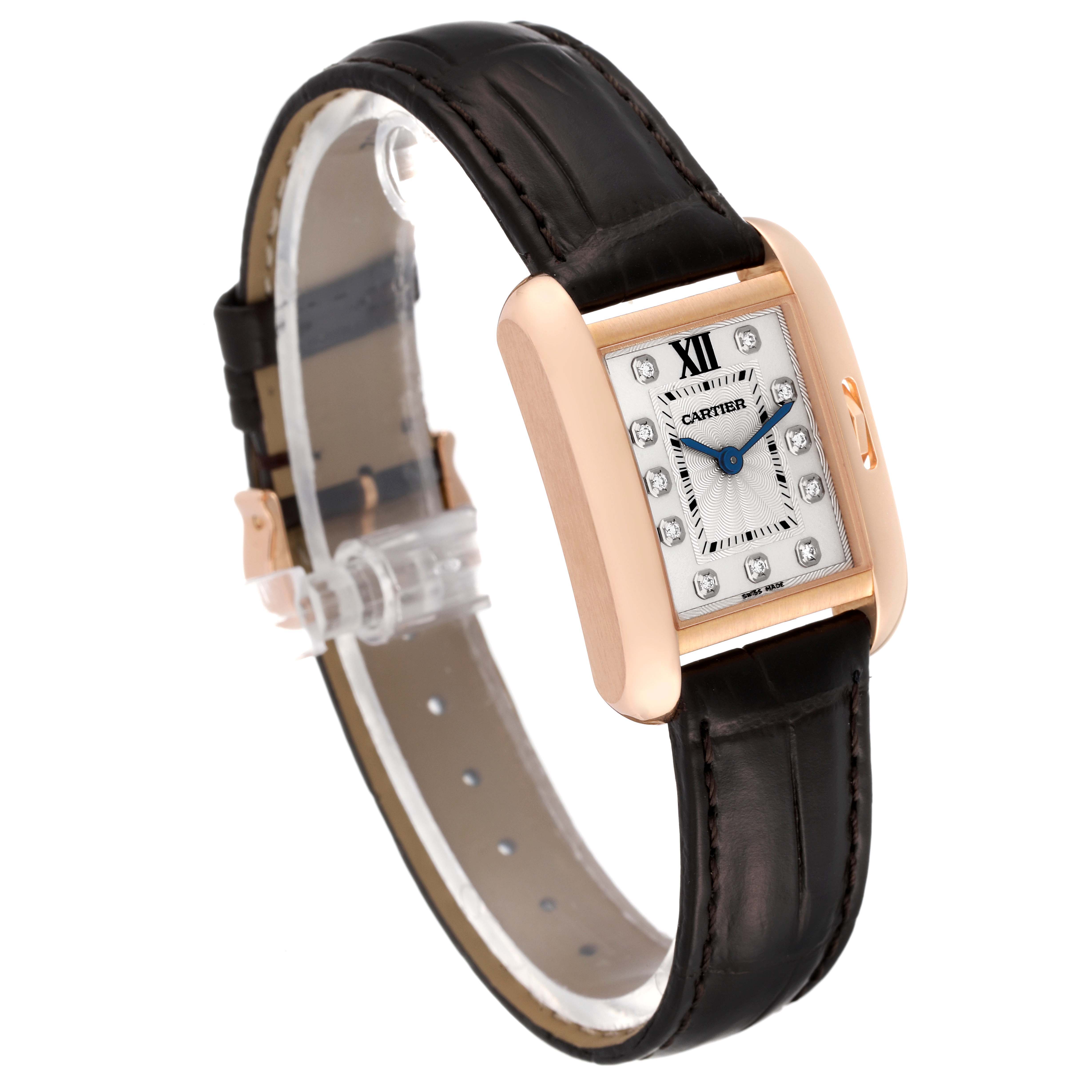 The image shows a Cartier Tank Anglaise WJTA0007 Women's Rose Gold Silver Dial WJTA0007 Women's Rose Gold Silver Dial watch, featuring the face, strap, and side profile at an angle.