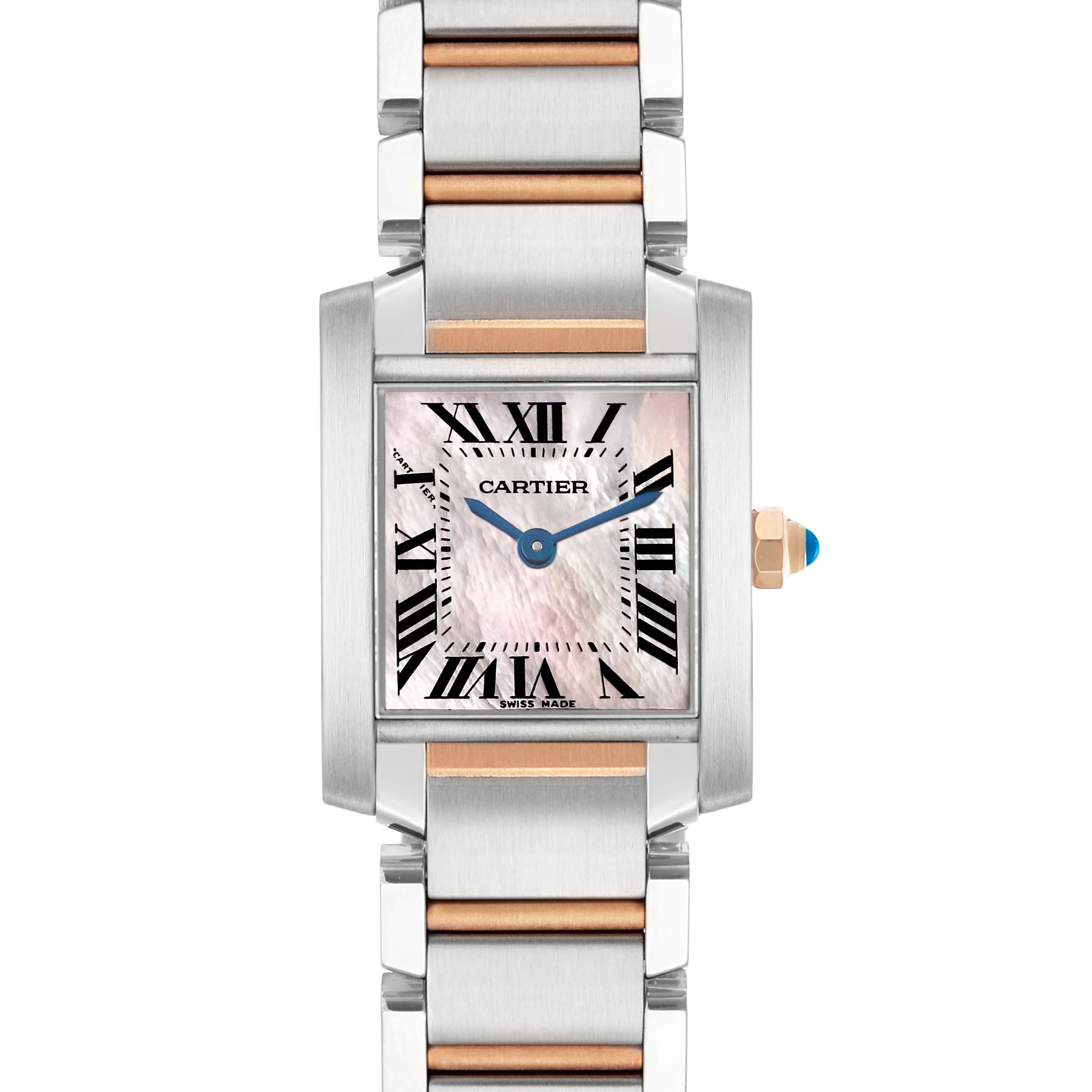 The Cartier Tank Francaise W51027Q4 Women's Steel and Gold (two tone) Mother of Pearl Dial watch is shown from a front angle, displaying its face, Roman numerals, and bi-tone bracelet.