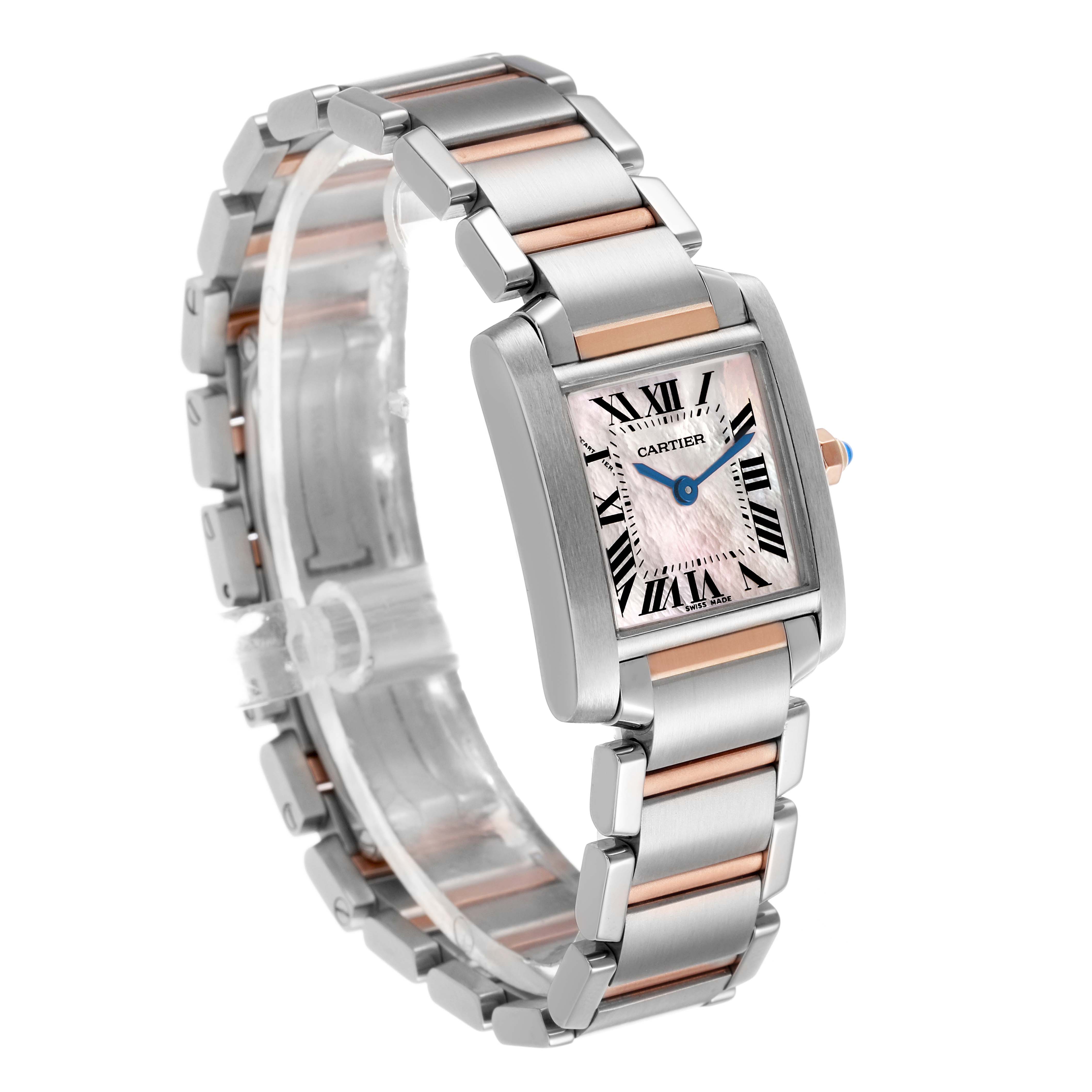 The Cartier Tank Francaise W51027Q4 Women's Steel and Gold (two tone) Mother of Pearl Dial watch is shown at a three-quarter angle, highlighting its rectangular face and two-tone metal bracelet.