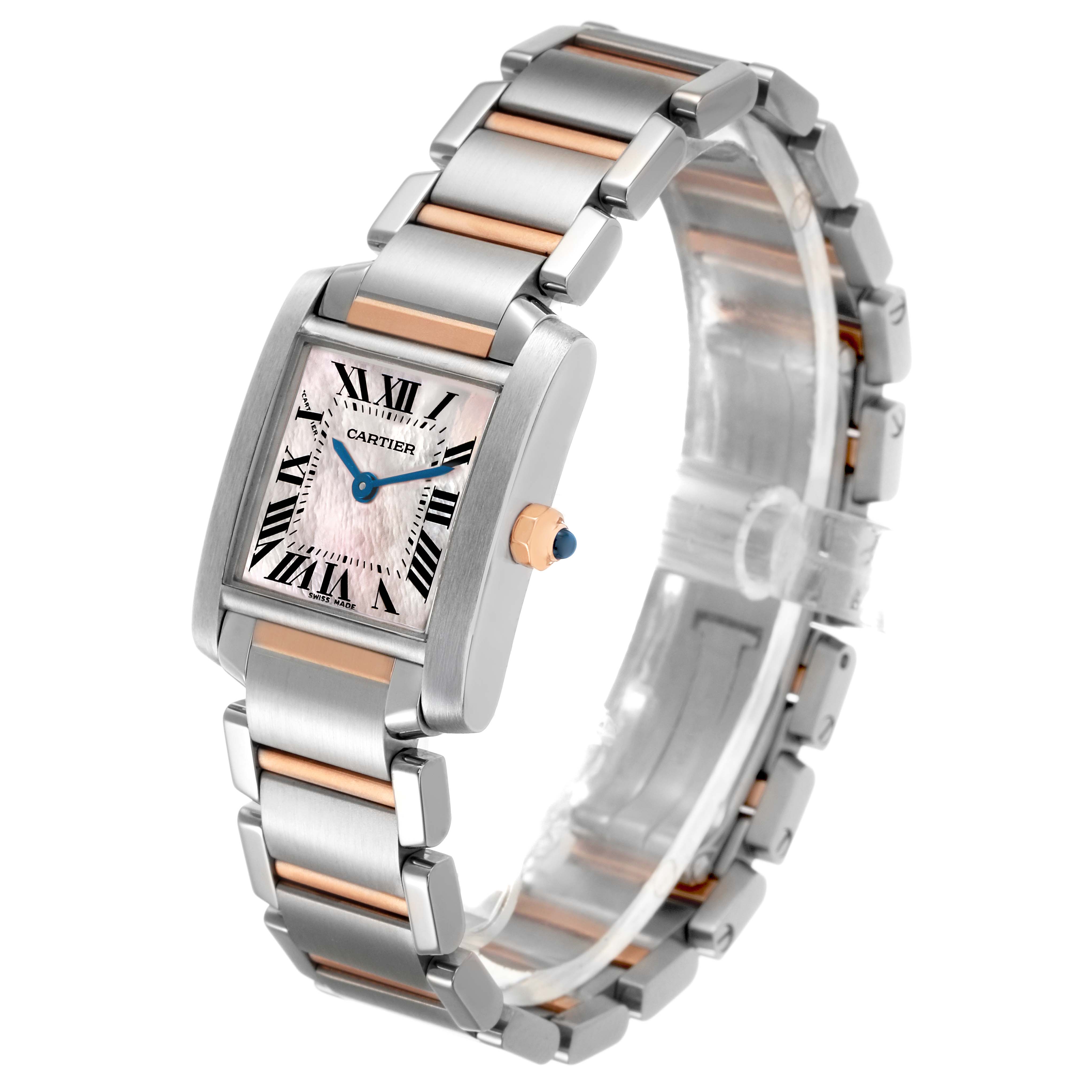 The Cartier Tank Française watch is shown at a slight angle, highlighting the face and dual-tone metal bracelet.