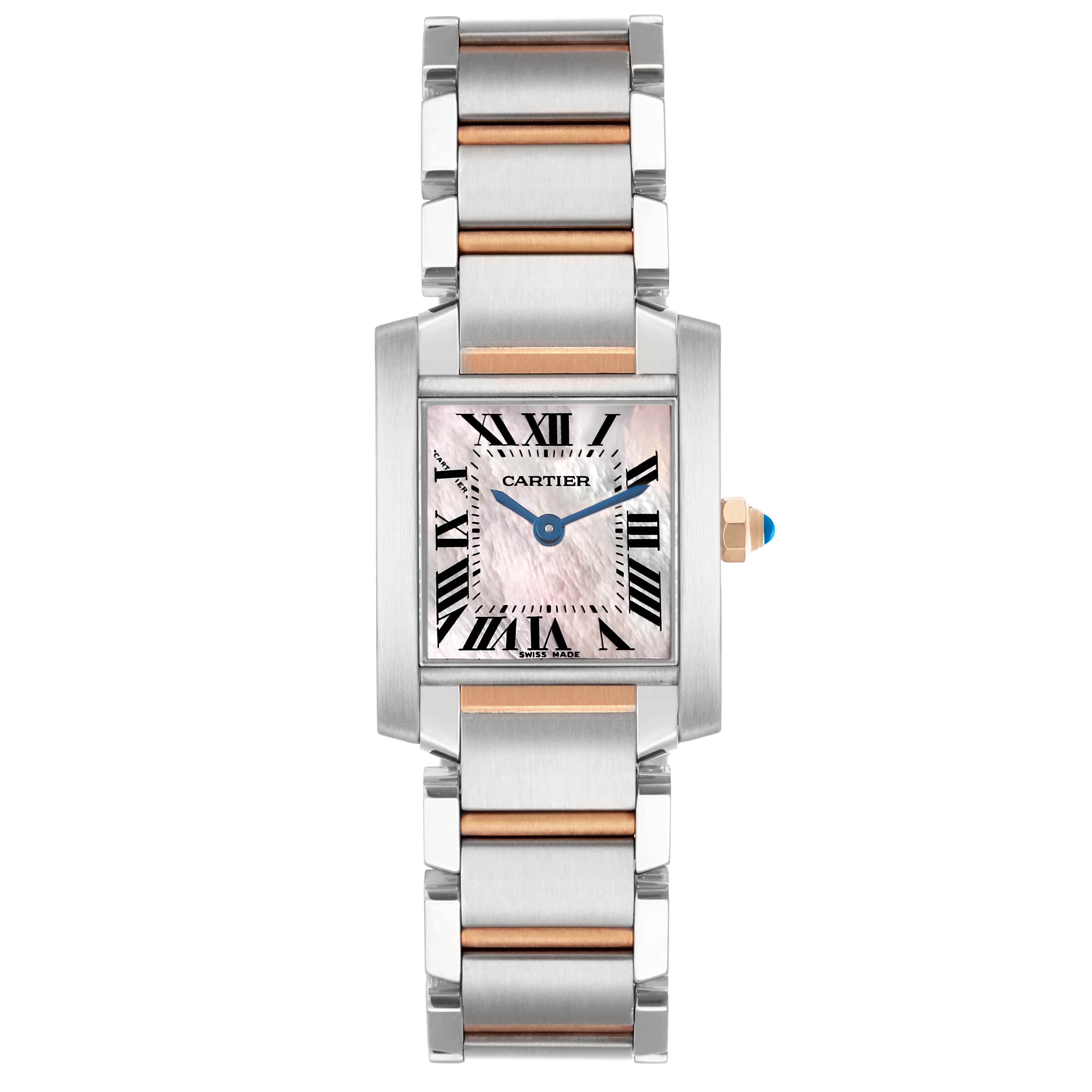 The Cartier Tank Française watch is shown from a top view, highlighting its rectangular face and two-tone metal bracelet.
