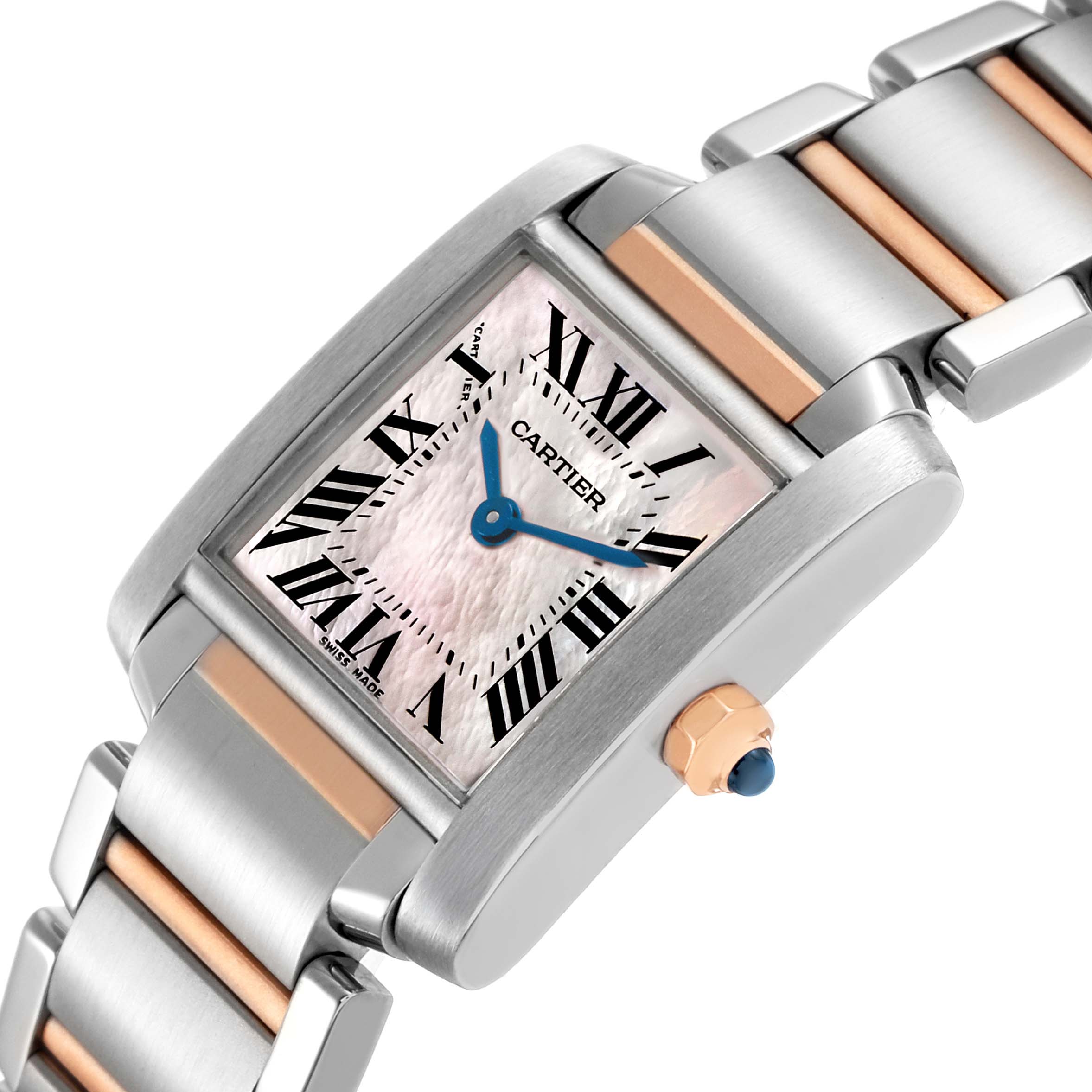 The Cartier Tank Française watch is shown at a tilted angle, highlighting the face, crown, and two-tone bracelet.
