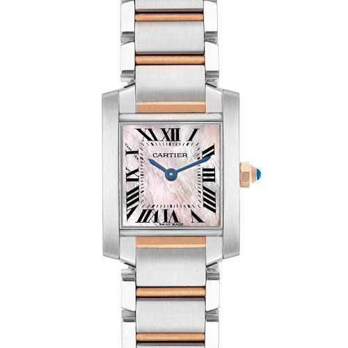 The Cartier Tank Francaise W51027Q4 Women's Steel and Gold (two tone) Mother of Pearl Dial is shown from the front, highlighting its Roman numeral dial and two-tone metal bracelet.