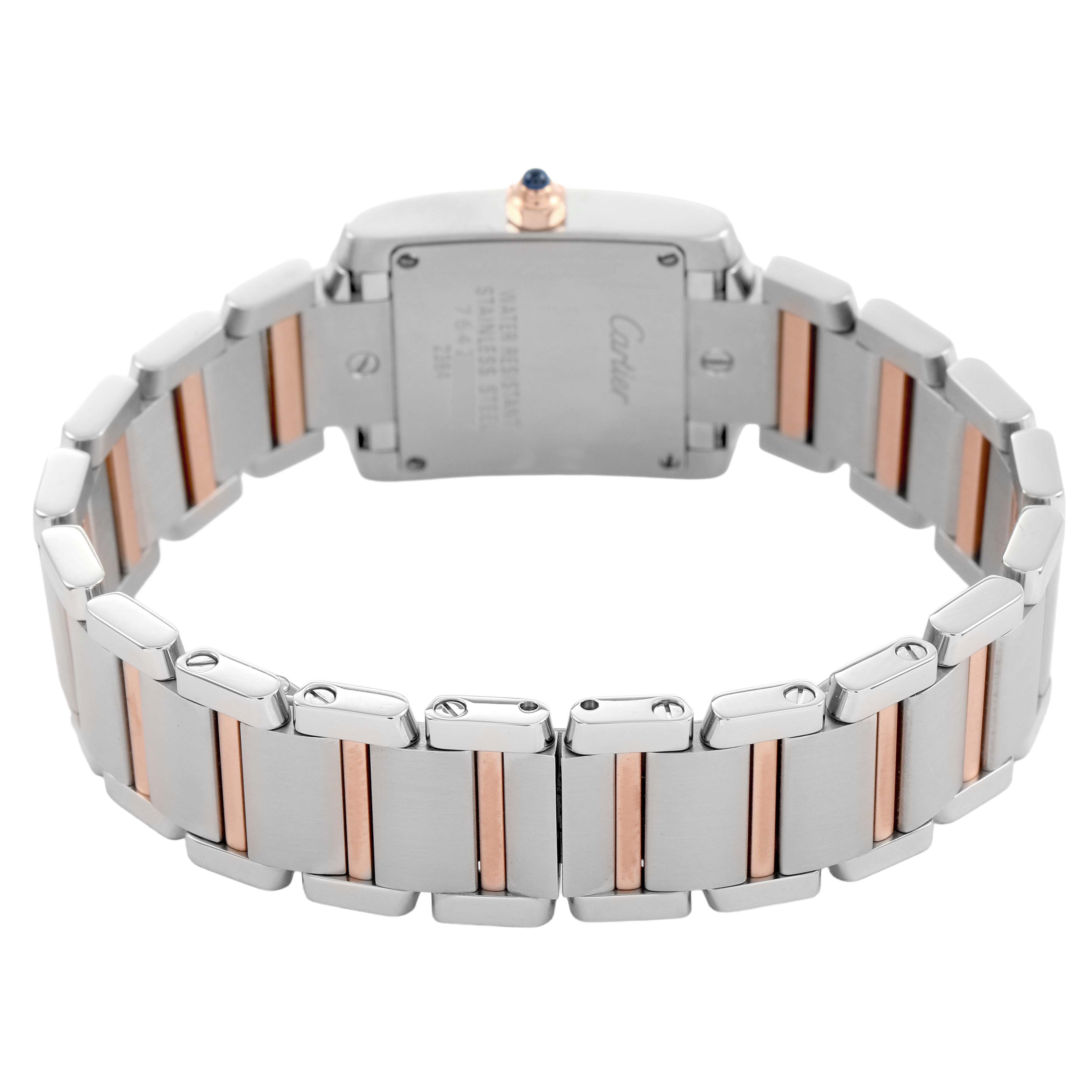 The image shows the back of the Cartier Tank Française watch, highlighting its metal bracelet with rose gold accents and case back.
