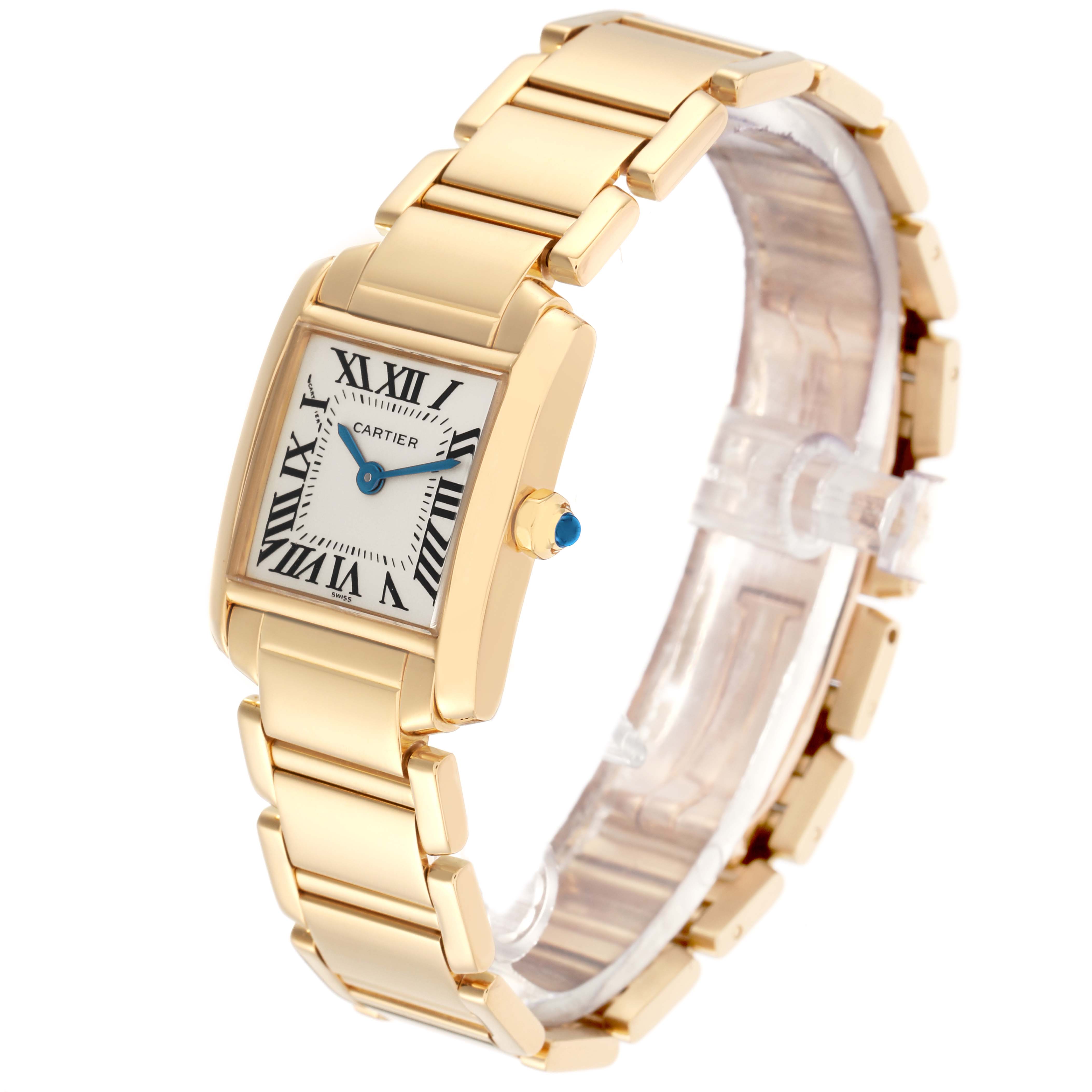 The Cartier Tank Francaise W50002N2 Women's Yellow Gold Silver Dial W50002N2 Women's Yellow Gold Silver Dial watch is shown from a three-quarter angle displaying the dial, crown, and bracelet.