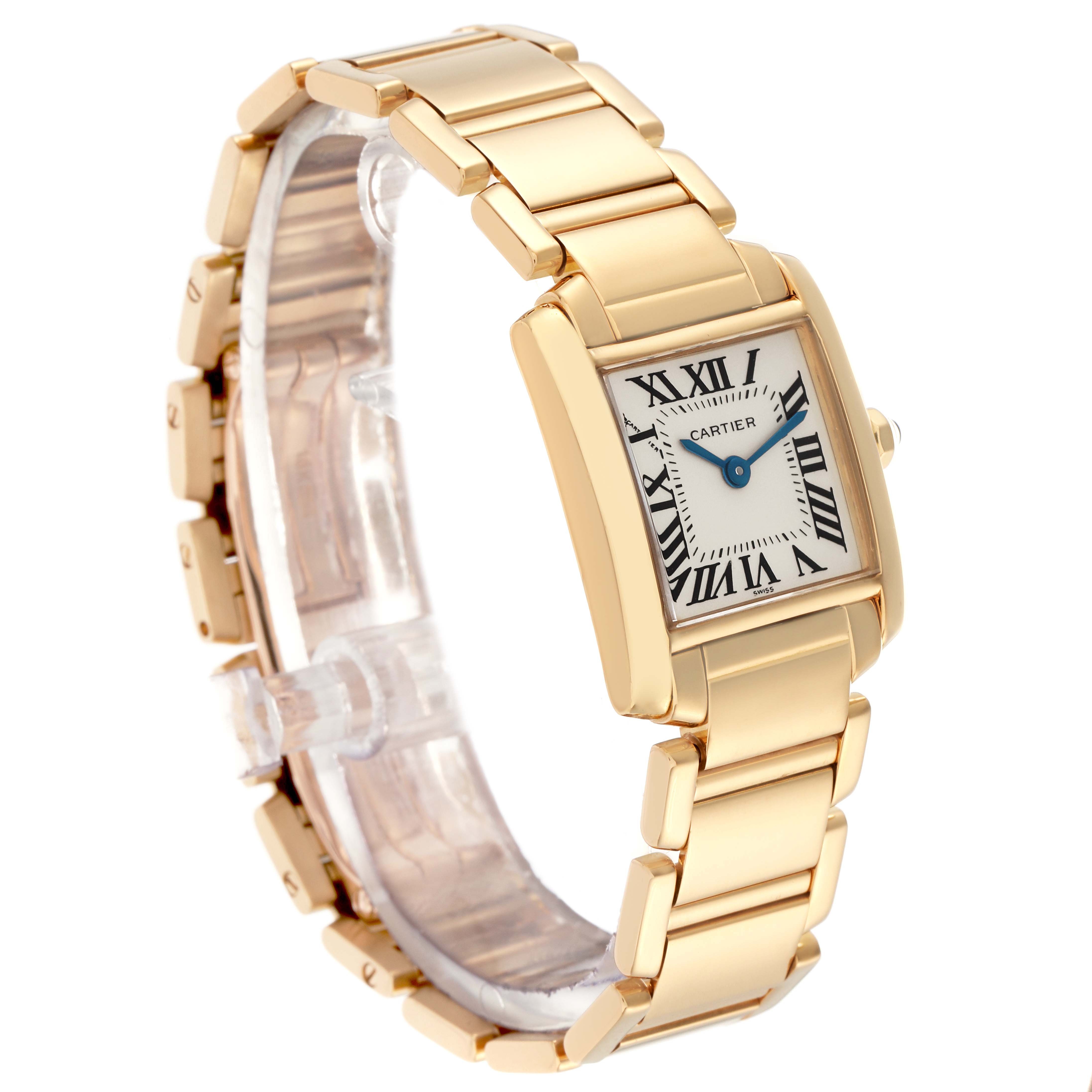 The Cartier Tank Française is shown at a three-quarter angle, displaying the face, bracelet, and side profile.