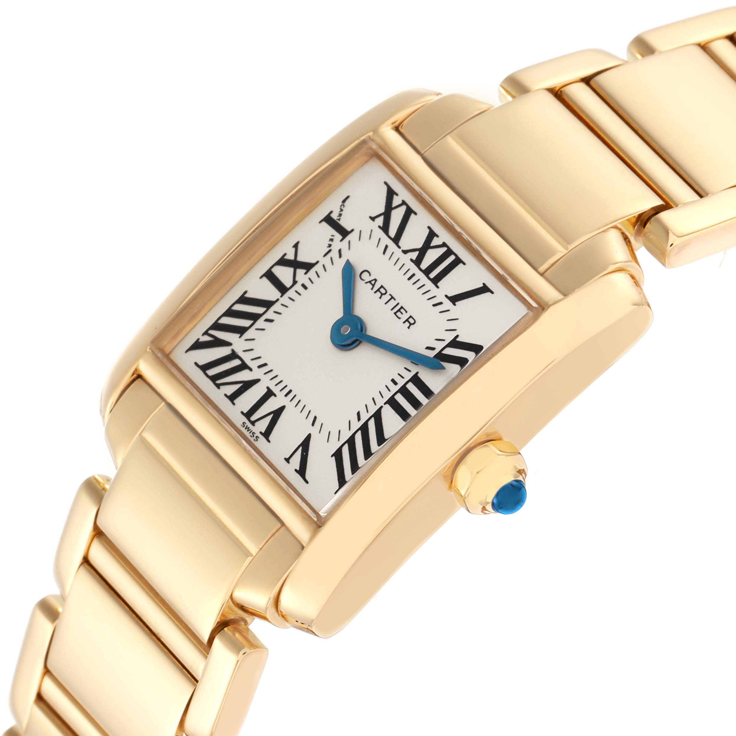 The Cartier Tank Française watch is shown at an angle, highlighting the face, Roman numerals, bracelet, and blue gem crown.
