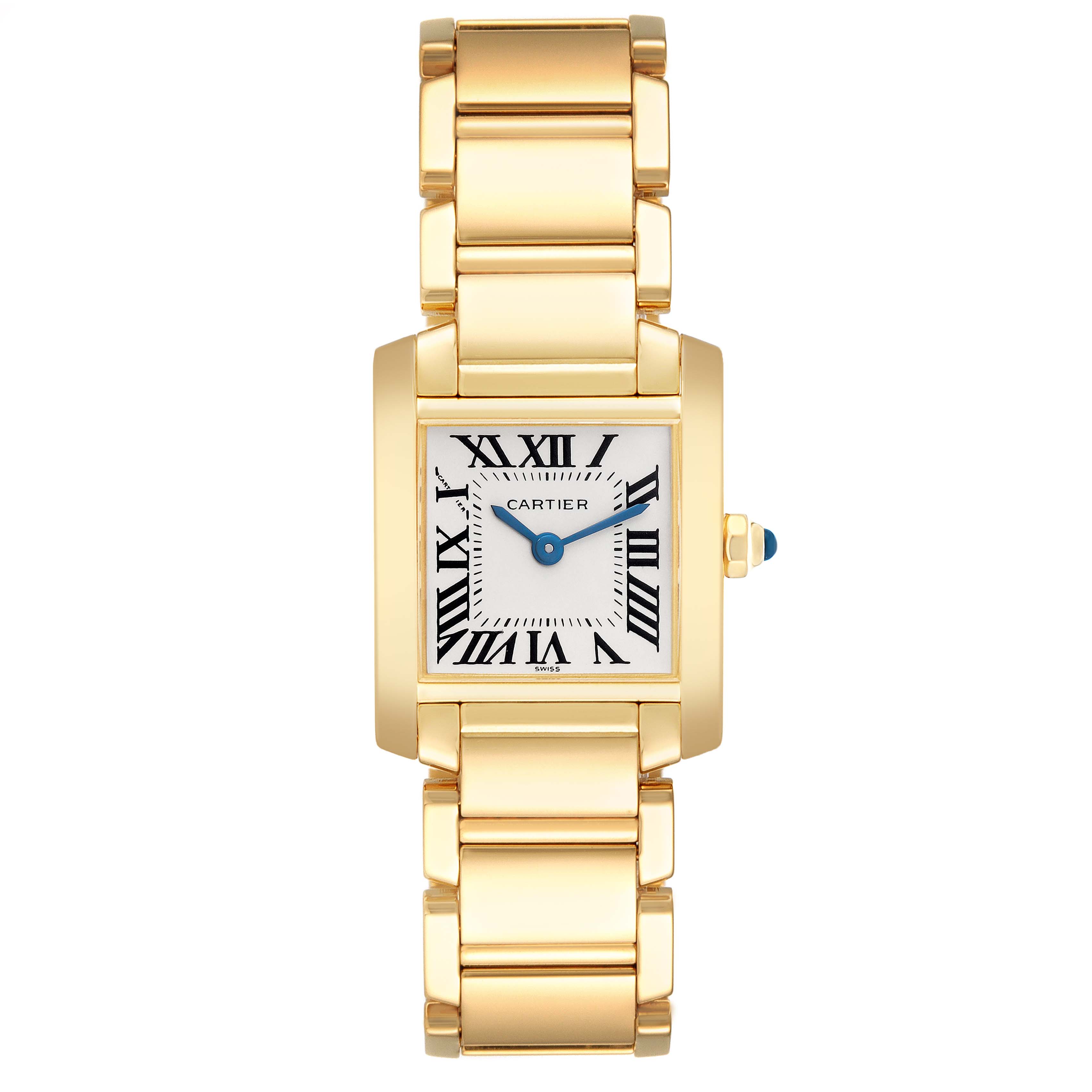 The Cartier Tank Francaise W50002N2 Women's Yellow Gold Silver Dial W50002N2 Women's Yellow Gold Silver Dial watch is shown from a top-down angle, displaying the face, bracelet, and crown.