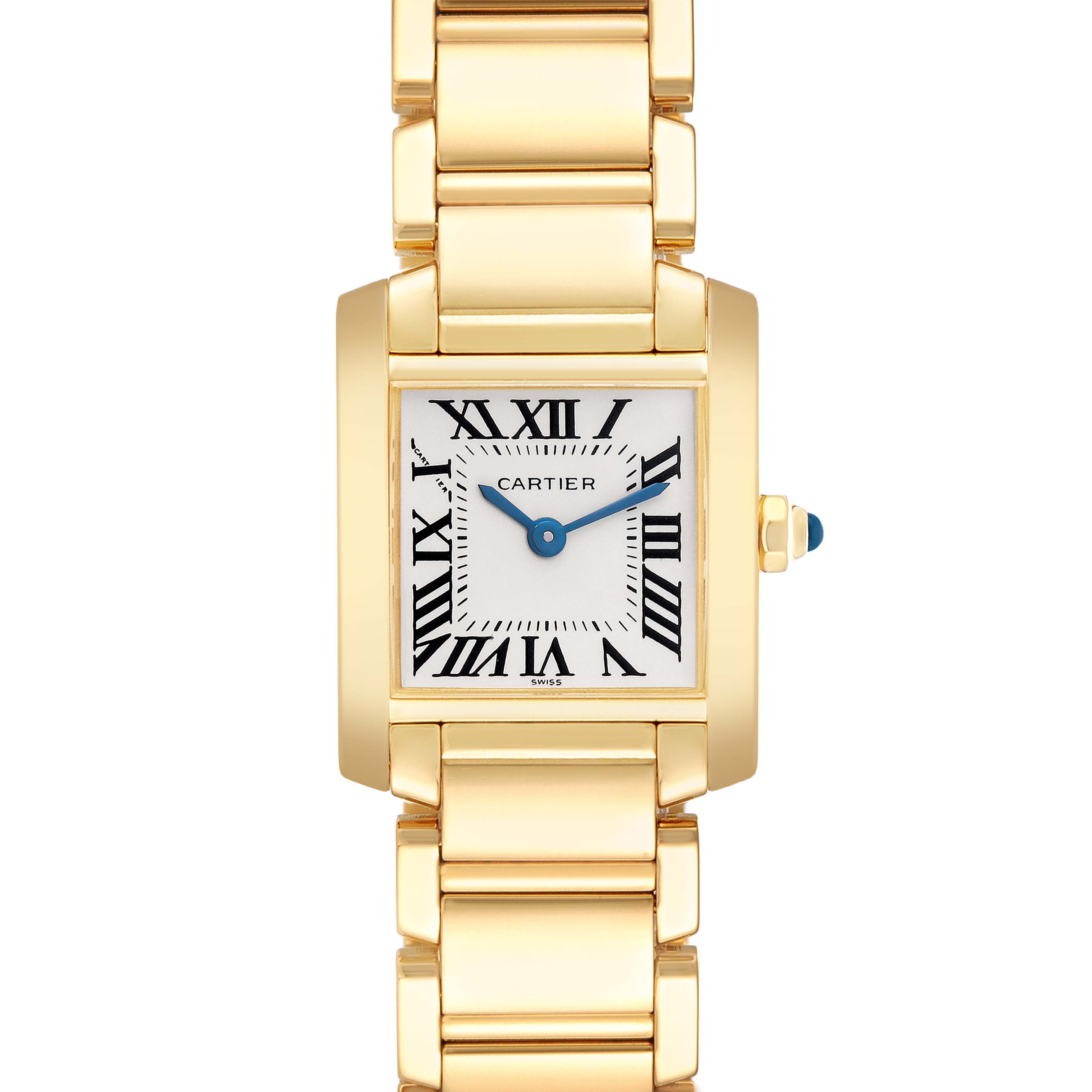 The image shows a Cartier Tank Française watch from a frontal angle, highlighting its gold bracelet and face with Roman numerals.