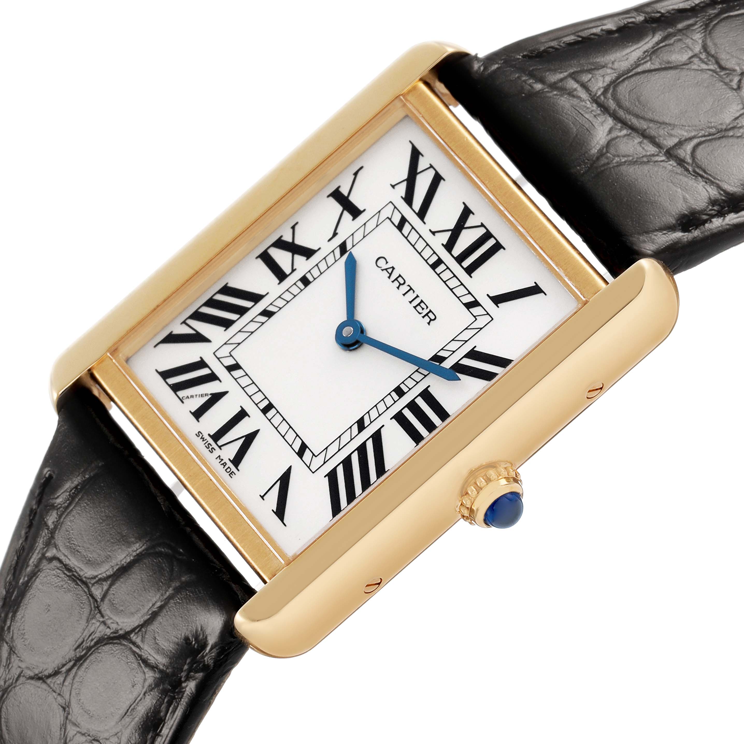 The Cartier Tank Solo W5200004 Men's Steel and Gold (two tone) Silver Dial watch is shown at an angle highlighting its rectangular face, Roman numerals, and crown with a blue cabochon.