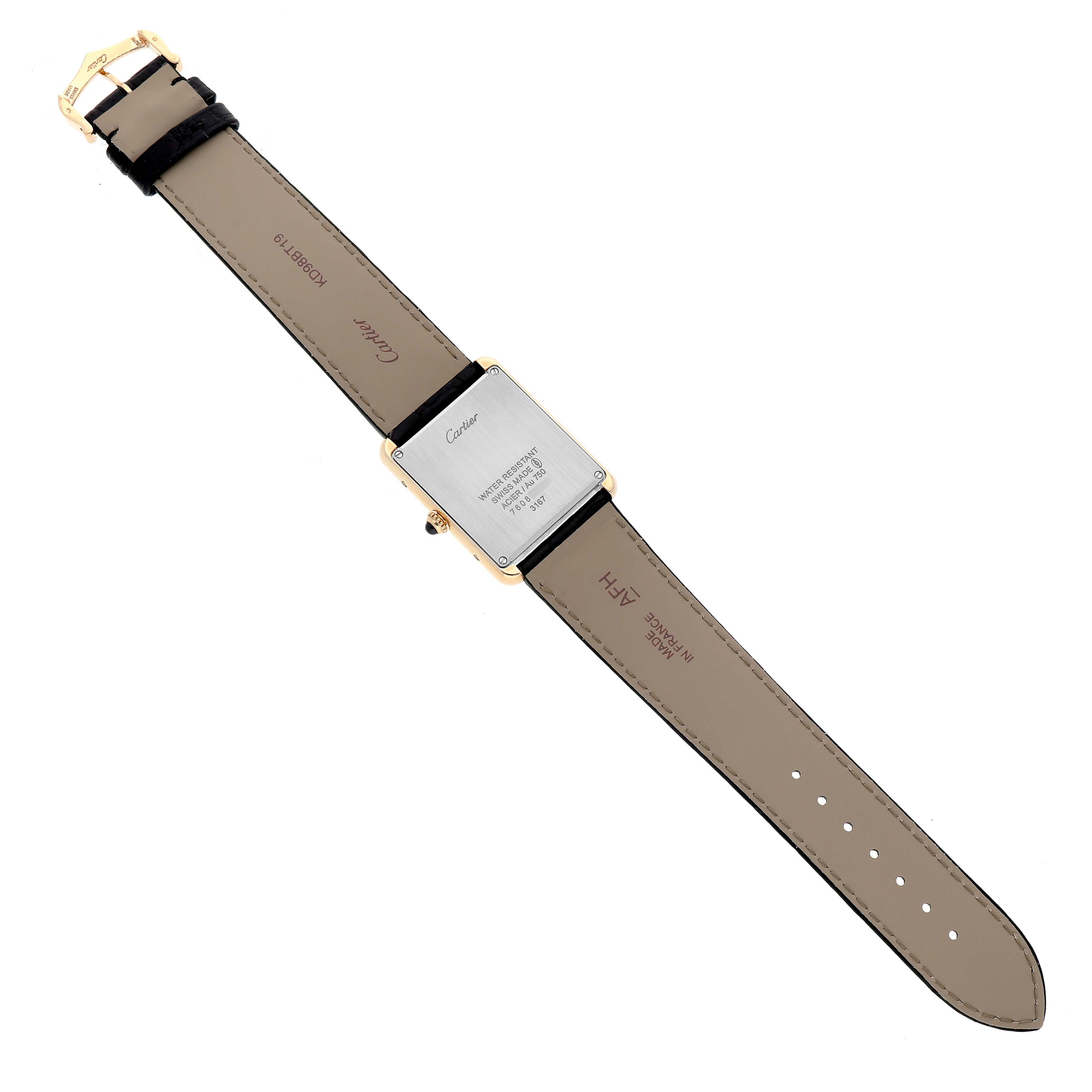 The Cartier Tank Solo W5200004 Men's Steel and Gold (two tone) Silver Dial watch is shown from the back, displaying the case, strap, and buckle.