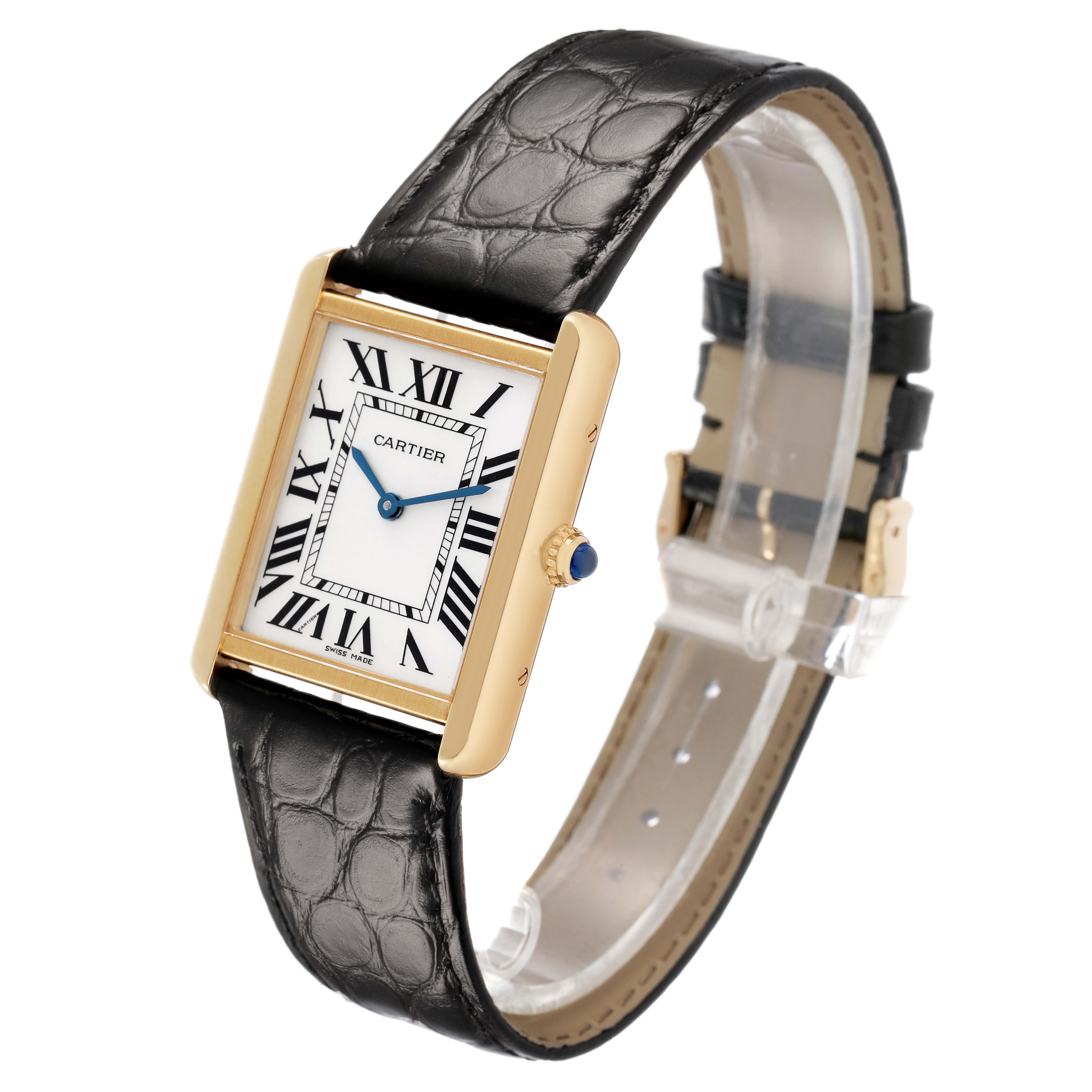 The Cartier Tank Solo W5200004 Men's Steel and Gold (two tone) Silver Dial watch is shown at a slight angle, highlighting its rectangular face, Roman numerals, gold casing, and leather strap.