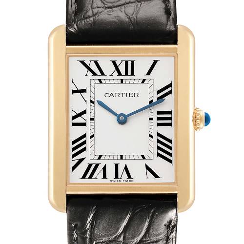 The Cartier Tank Solo W5200004 Men's Steel and Gold (two tone) Silver Dial watch is shown from the front, highlighting its rectangular face, roman numerals, and a leather strap.