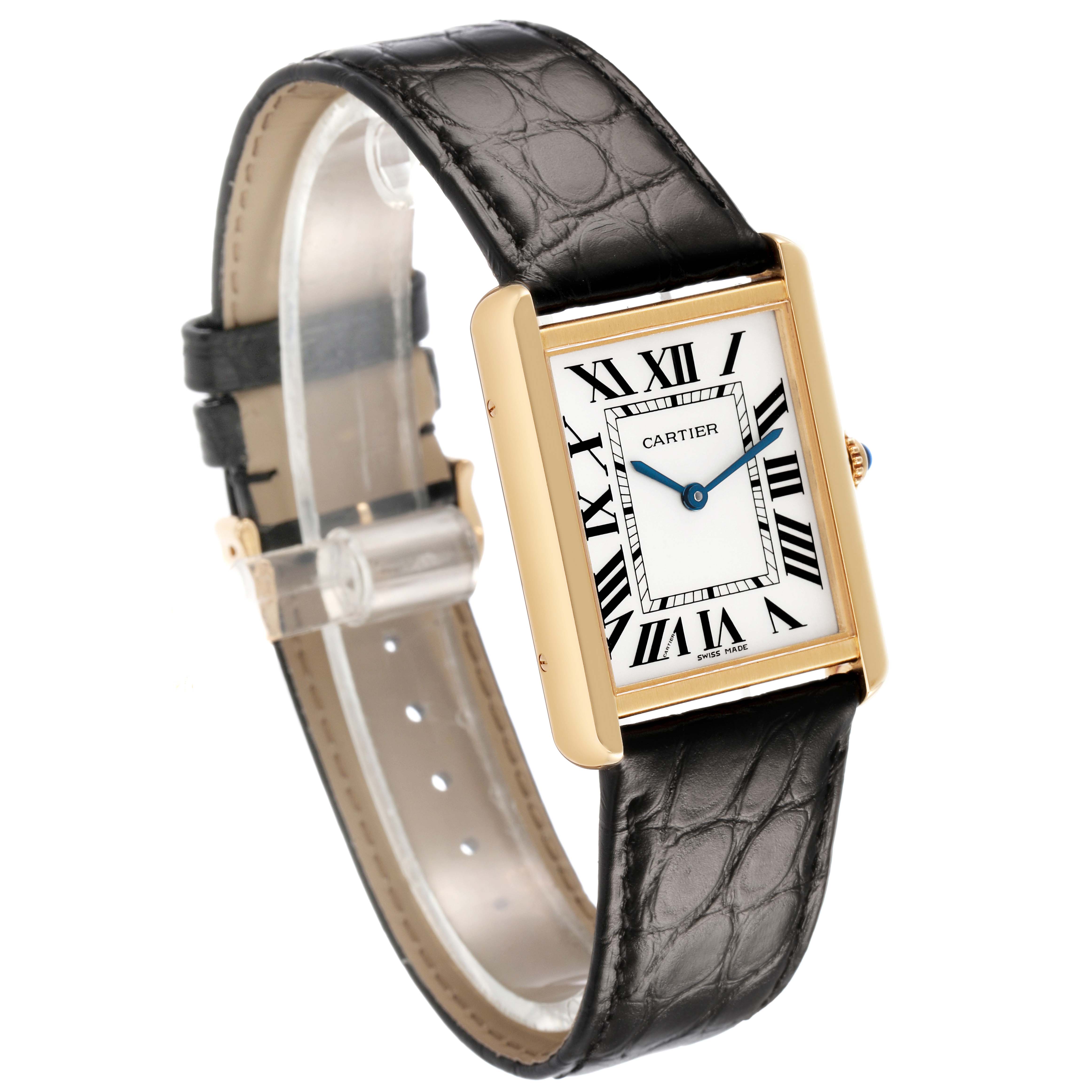 The Cartier Tank Solo W5200004 Men's Steel and Gold (two tone) Silver Dial watch is shown at a slight angle, highlighting its rectangular face, Roman numerals, and leather strap.