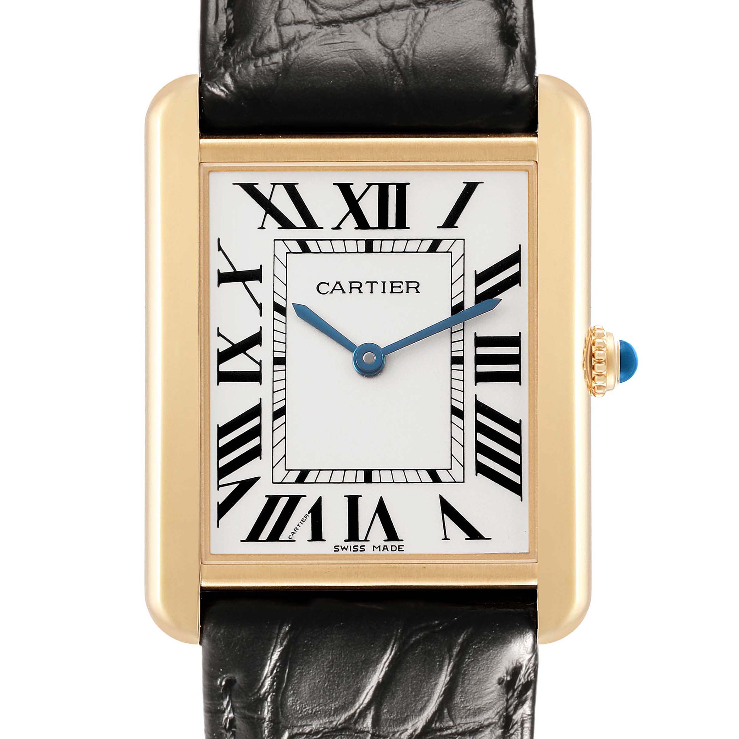 The Cartier Tank Solo W5200004 Men's Steel and Gold (two tone) Silver Dial is shown from a front angle, highlighting its rectangular face, Roman numerals, and leather strap.