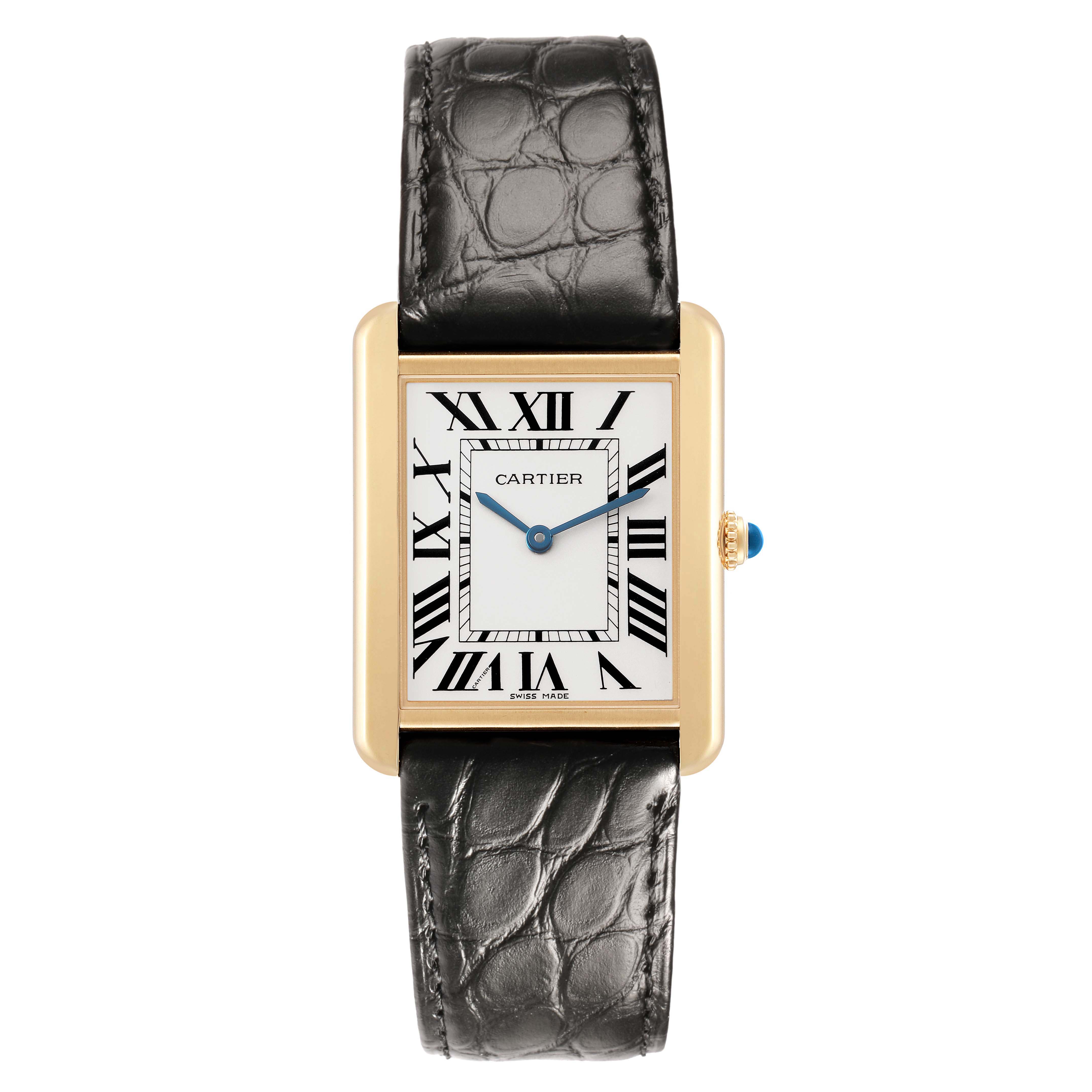 The Cartier Tank Solo W5200004 Men's Steel and Gold (two tone) Silver Dial watch is shown from the front, displaying the face, Roman numerals, blue hands, case, and black leather strap.
