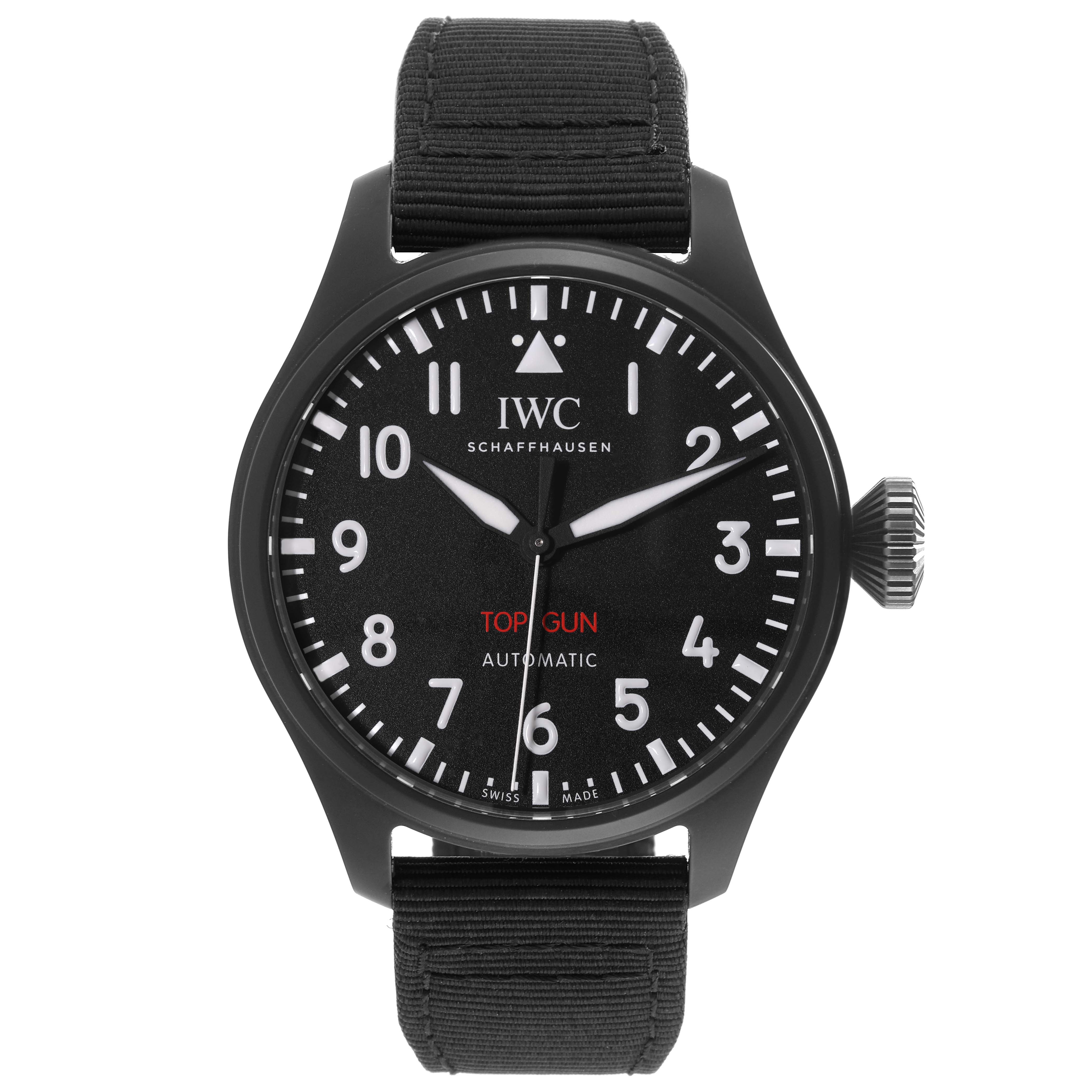 This image shows a front view of an IWC Pilot IW329801 Men's Ceramic Black Dial IW329801 Men's Ceramic Black Dial model watch, displaying its face, hands, and strap attachment.