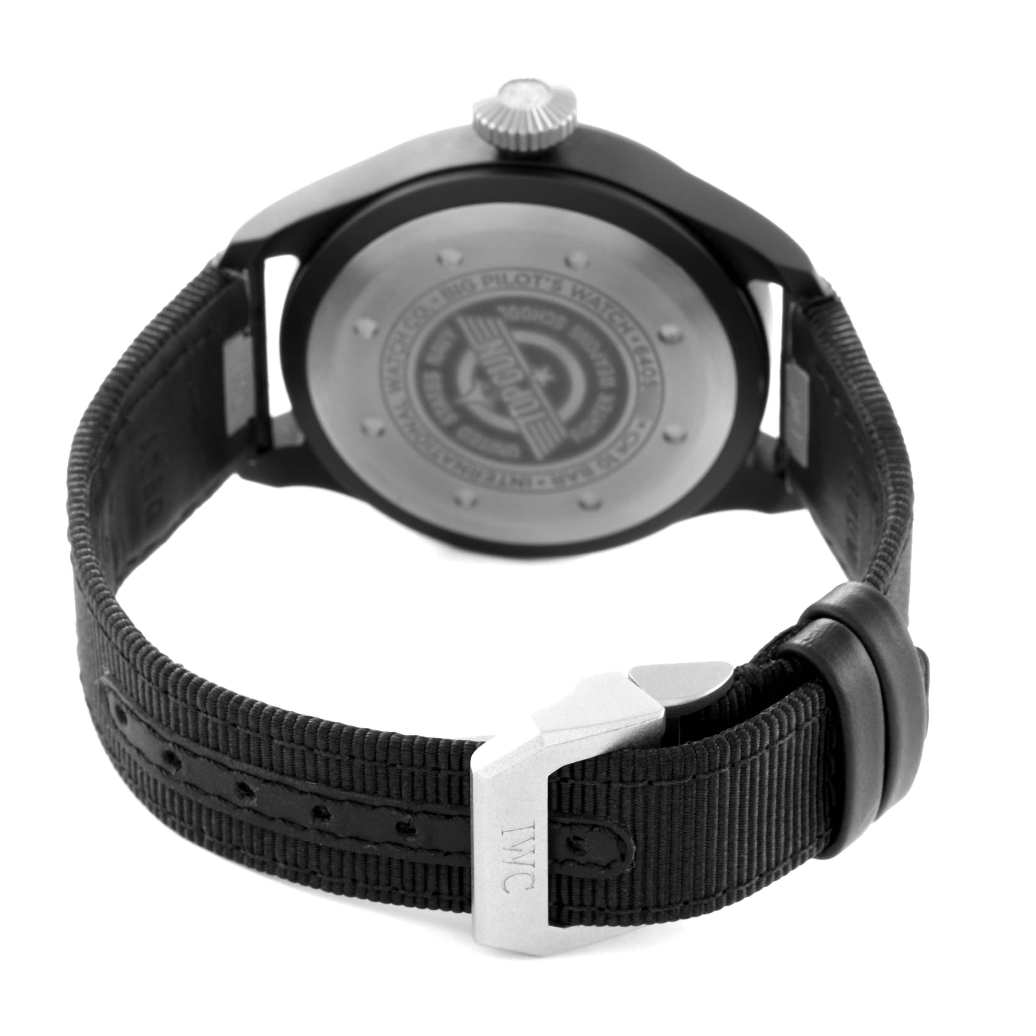 The image shows the back and strap of an IWC Pilot IW329801 Men's Ceramic Black Dial IW329801 Men's Ceramic Black Dial model watch from a rear view angle.